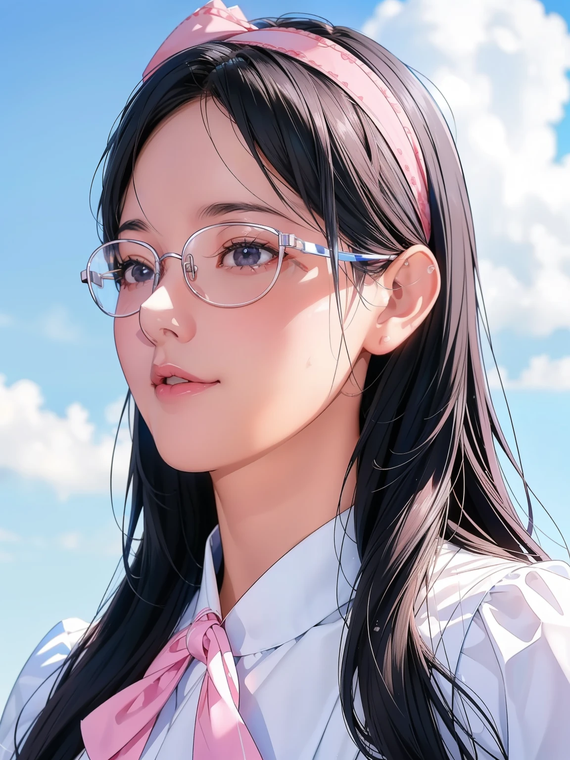 girl, Blue sky and white clouds, Wearing silver glasses, Happy, Happy, Reddish cheeks, Black Hair, Wearing a pink ribbon headband, Perfect quality, Clear focus (Clutter - Home: 0.8), (masterpiece: 1.2) (Realistic: 1.2) (Bokeh) (highest quality) (Detailed skin: 1.3) (Intricate details) (8k) (Eye for detail) (Sharp focus), (Happy)