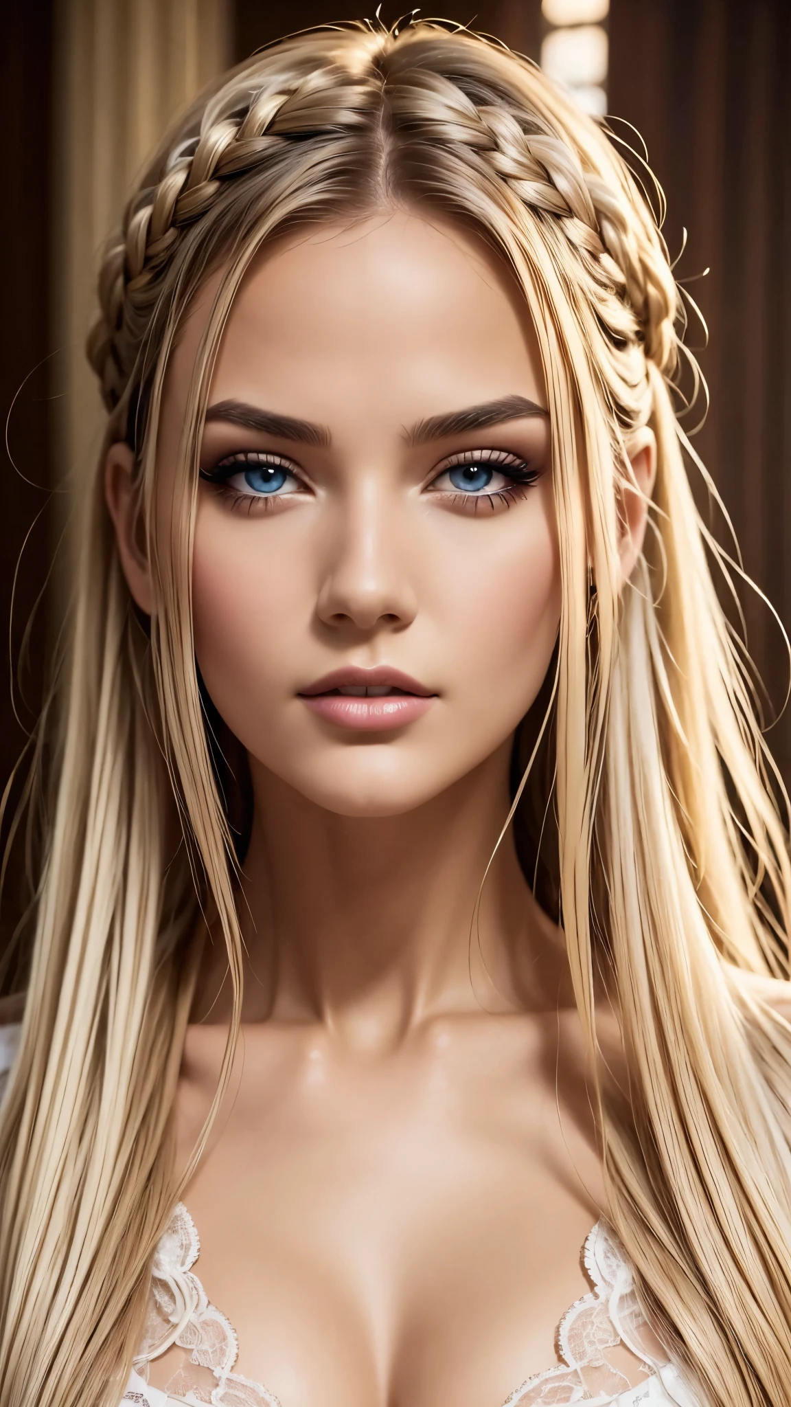 a beautiful woman with long white hair, gold eyes, and fair skin, wearing white clothes, looking up with seductive eyes, displaying her full body, with strands of hair framing her face, (best quality, 4k, 8k, highres, masterpiece:1.2), ultra-detailed, (realistic, photorealistic, photo-realistic:1.37), detailed eyes, detailed lips, extremely detailed facial features, porcelain skin, side braids, dramatic lighting, cinematic composition, vivid colors, chiaroscuro lighting