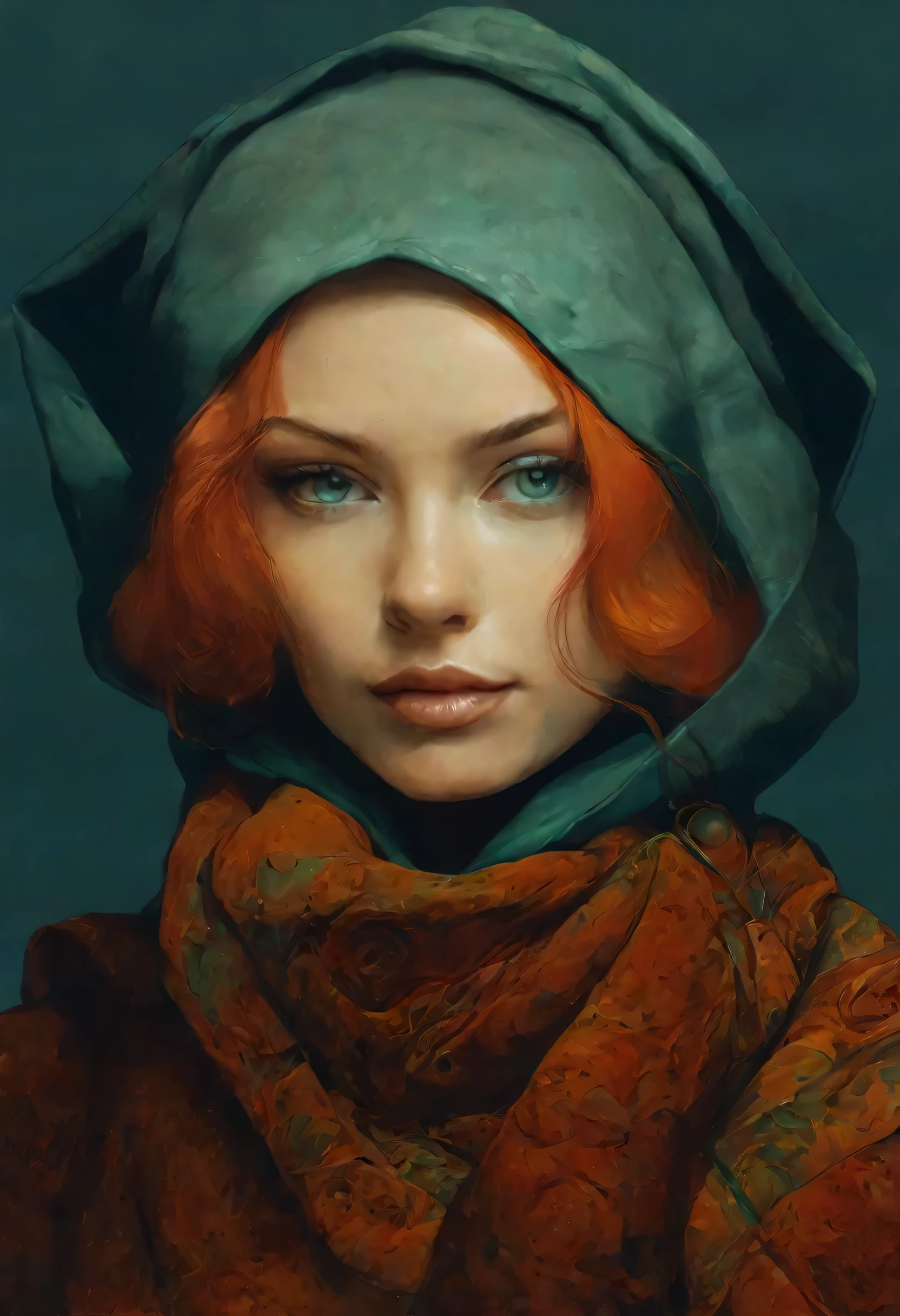 painting of a woman with a green scarf and red hair, Moebius + lazy + uau, digite germe craig mullins, digite germe and james jean, digite germe julie bell beeple, linda pintura de personagem, Karol Bak e Peter Mohrbacher, arte de retrato de fantasia, Moebius + digite germe, digite germe and craig mullins