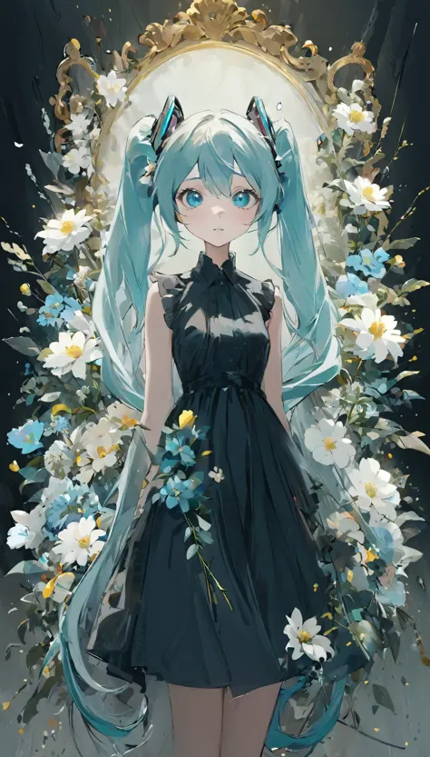 Beautiful woman、Hatsune Miku、flower arrangement、Wabi-sabi art、Very detailed_face_eye、Very detailedなface、Black Dress、white、gray、L...