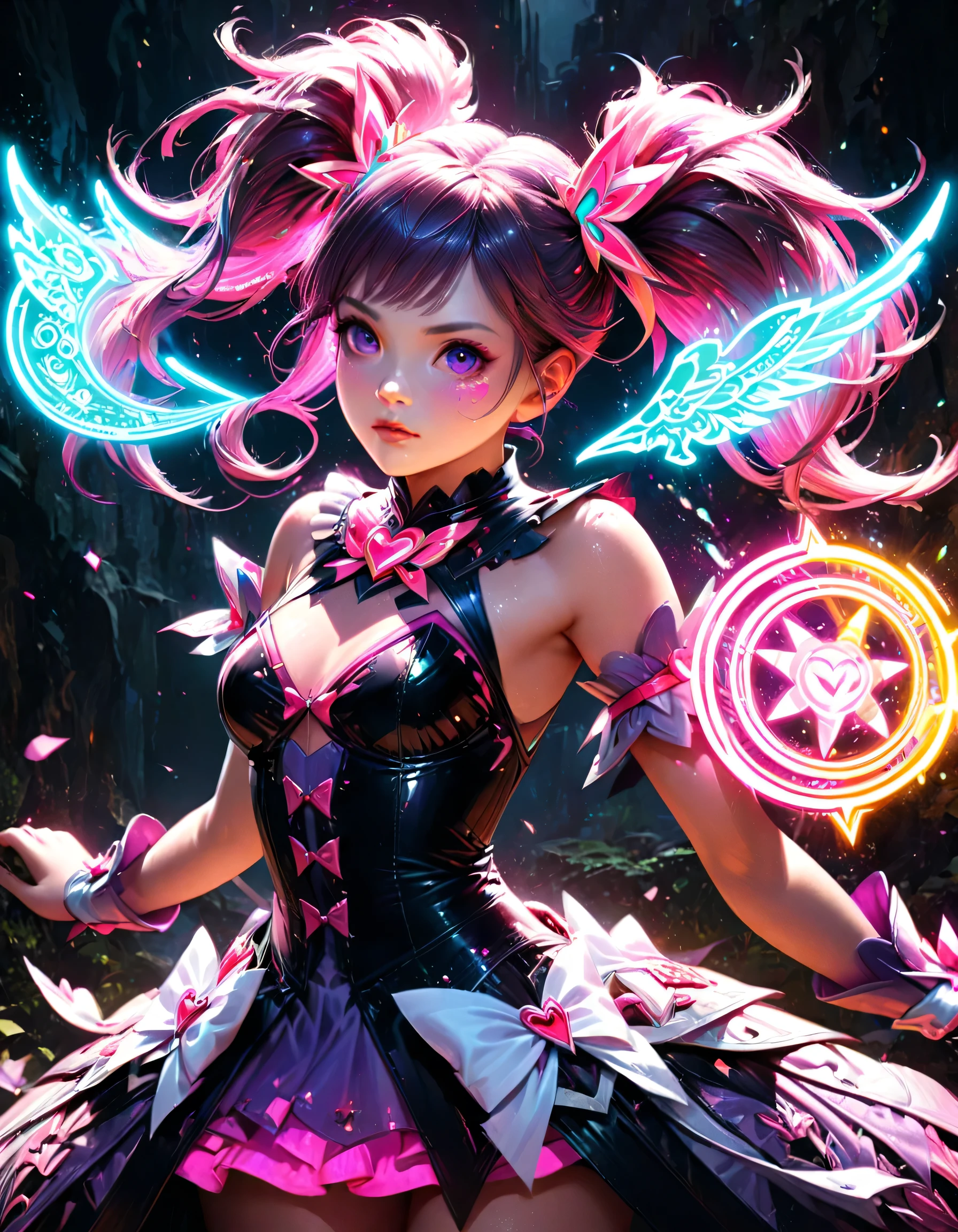 (highest quality), Fantasy illustration art, Shiny colorful lighting, Magical chanting, Magical girl, Neon Volume Gothic Dress, Twin tails, Realistic, Super detailed, High resolution, anime,  Glowing neon color palette, Beautiful Face, 