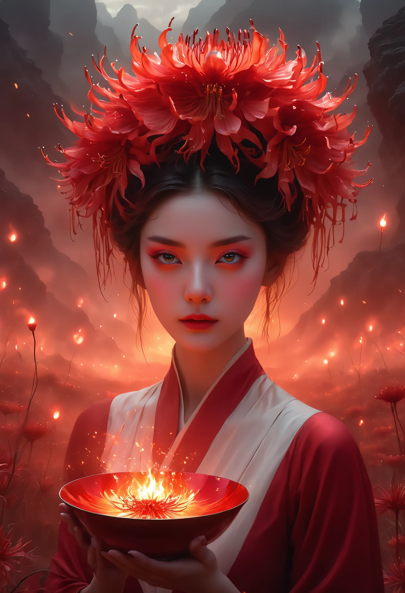 a girl holding a bowl in a fiery landscape, ghostly spirits, red spider lilies,Beautiful face，Gorgeous crown， hyperrealistic, 8k, extremely detailed, surreal, cinematic lighting, volumetric lighting, dramatic, atmospheric