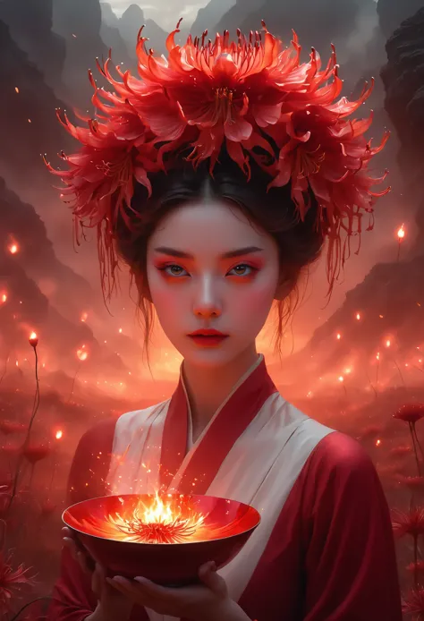 a girl holding a bowl in a fiery landscape, ghostly spirits, red spider lilies,Beautiful face，Gorgeous crown， hyperrealistic, 8k...