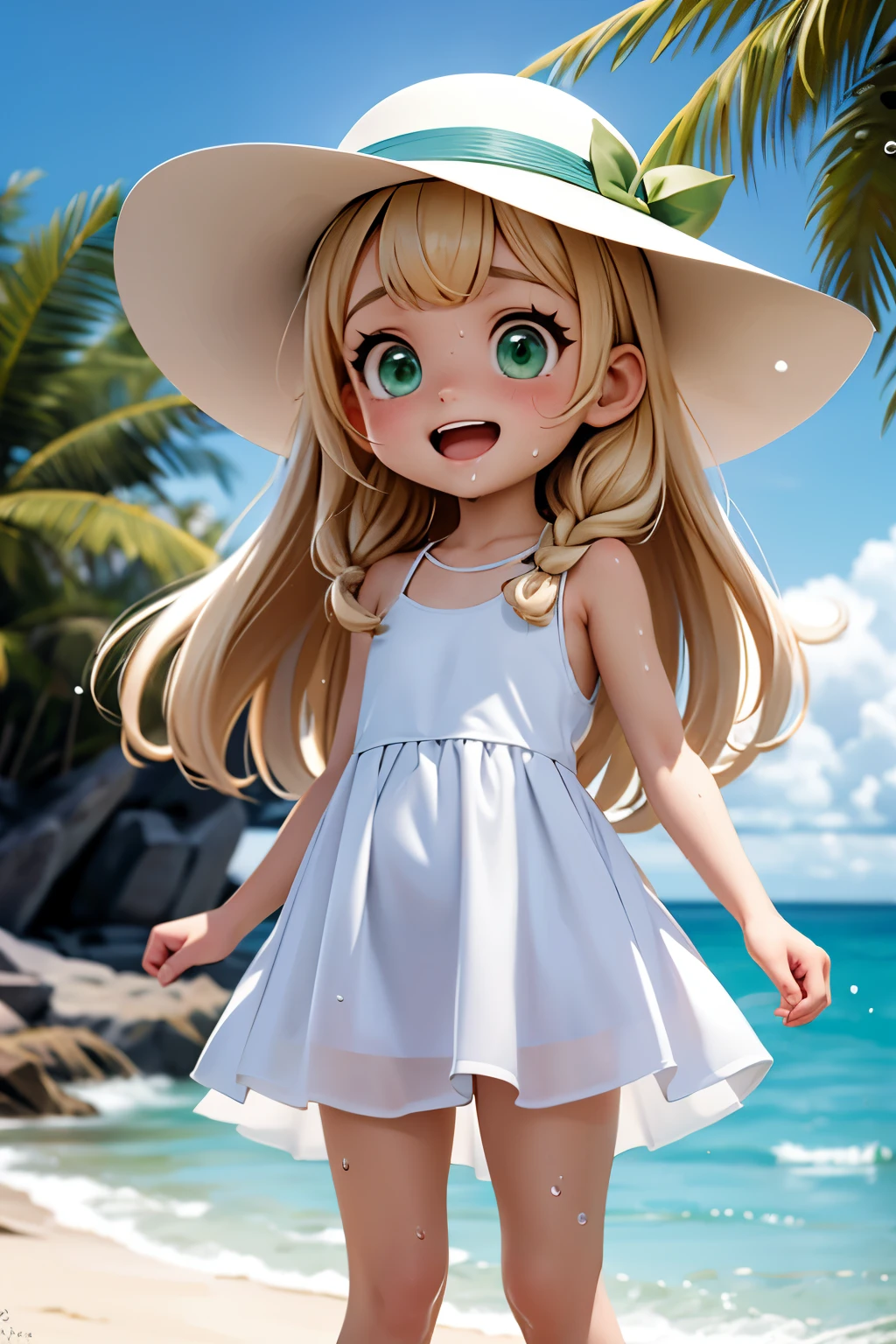 Lily,Long Blonde Hair, Twin Blade, Green Eyes, White Hat, White Dress, View Viewer, outside, Beach, Ocean, Palm tree, Extremely detailed, masterpiece，tooth，Laughing happily，Playing in the Ocean，Soaking wet and see-through clothes，Wet body，Heavy water splash，Dripping water droplets，Sweat，Children in the background:1.5，