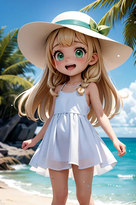 Lily,Long Blonde Hair, Twin Blade, Green Eyes, White Hat, White Dress, View Viewer, outside, Beach, Ocean, Palm tree, Extremely ...