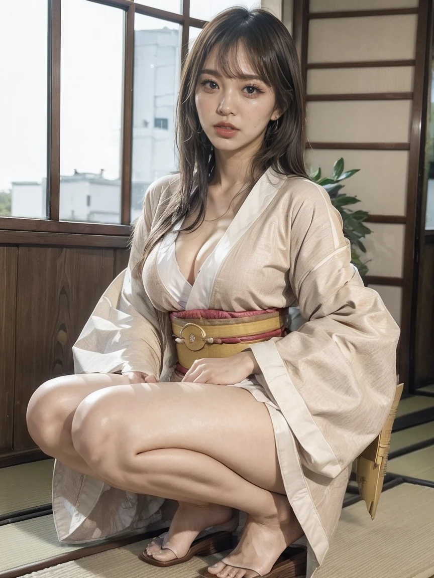 (((Wear a light-colored kimono:1.8)), ((Cleavage,I can see my belly button,Smaller breasts:1.5)), ((Head to Knee:1.5)),Big and beautiful buttocks, from the back, ((Lace underwear with attention to detail)), ((Turning her butt to the camera:1.5)), ((Showing off your ass)), Waistline, ((Squat,Spread your legs:1.5)),((Slender body:1.2)),Bun Hair,Detailed face, Beautiful Eyes, Detailed lips, high quality, 8k, Realistic, masterpiece, Very detailed, complicated, elegant, Sensual, erotic, Cinema Lighting