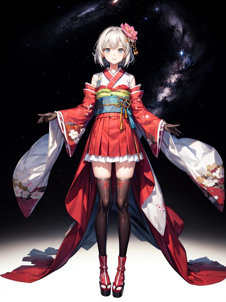 1girl、Standing in front of the viewer、vtuber-fullbody、(masterpiece, highest quality, Intricate details, Ultra-detailed, Very detailed), SF, future, cyber punk, One girl, alone, Cowboy Shot, Milky hair color, Gloves, short hair, Frills, kimono, Hair Flowers, Long Wide Sleeve, kimono, Knee-high boots, zettai ryouiki, universe柄プリント, skirt, Removable sleeves, adjusting 、White simple background、universe、Milky Way、流star群、star、★、