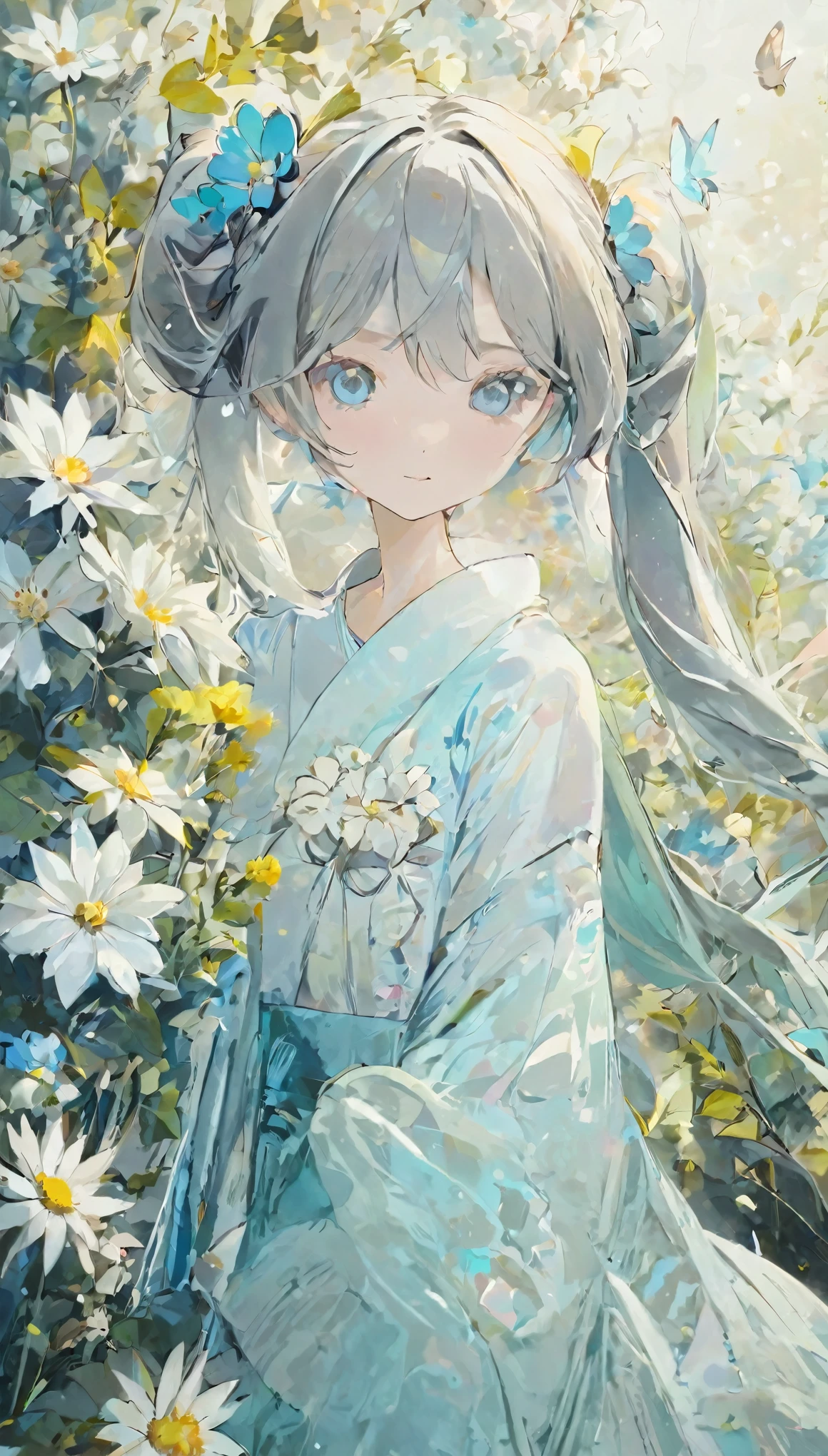 Belle femme、Hatsune Miku、arrangement de fleurs、Art Wabi-sabi、かわいいaffronter、très détaillé_affronter_œil、très détailléなaffronter、blancいドレス、blanc、gris、ton de couleur bleu clair、parchemin、抽象的arrangement de fleurs、Trois grandes fleurs、art surréaliste、Silence、fond d&#39;écran、la plus haute qualité、chef-d&#39;œuvre、haute résolution、８ｋ