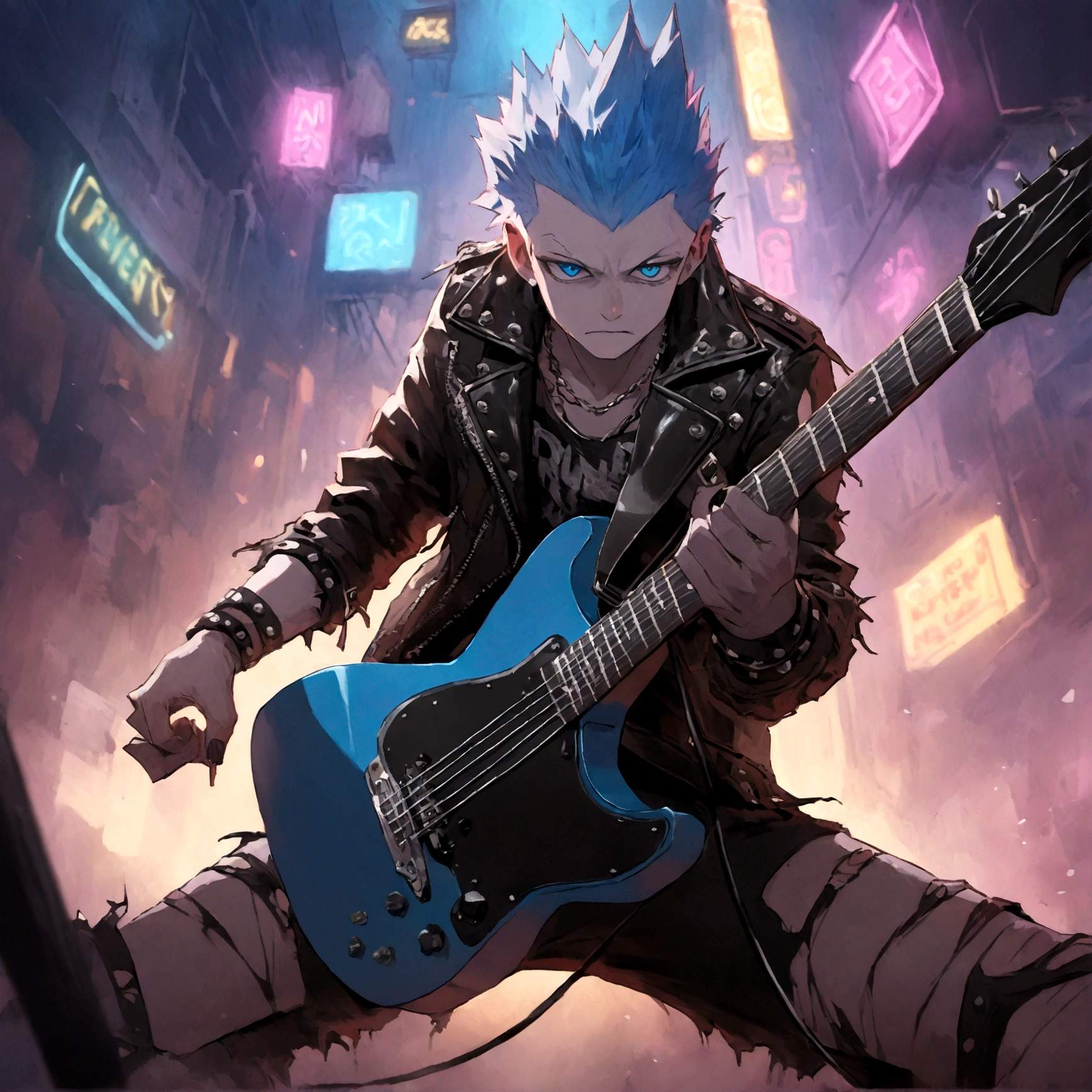 un hombre lobo blanco con ojos azules vestido con un traje punk tocando la guitarra principal en una banda, tiene mowhawk azul, tiene chaqueta de cuero con parches, usando botas rotas, triturando en la guitarra, muchas luces de neón multicolores