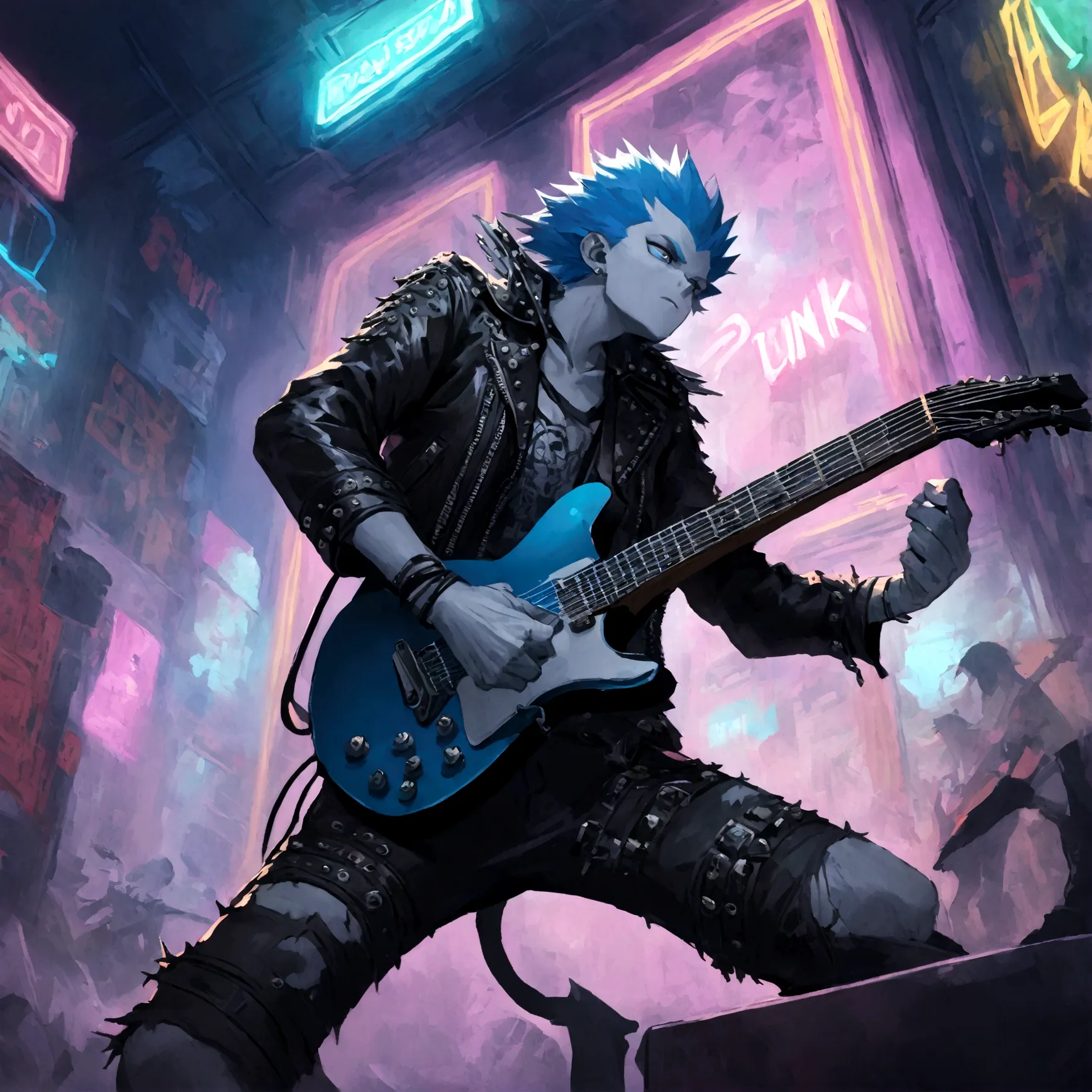 a white werewolf with blue eyes wearing a punk outfit playing the lead guitar in a band, has blue mowhawk, has leather patched j...