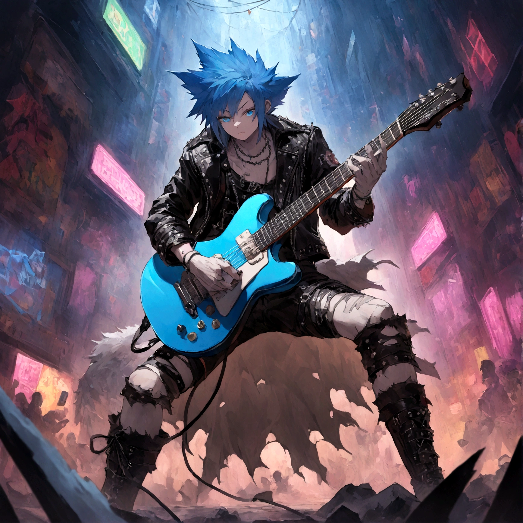a white werewolf with blue eyes wearing a punk outfit playing the lead guitar in a band, has blue mowhawk, has leather patched jacket, wearing torn boots, shredding on guitar, many multi colored neon lights