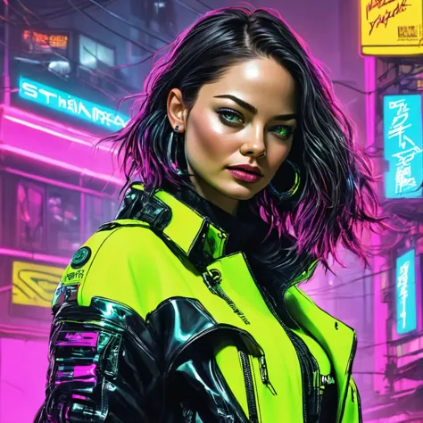 pose divertida, hiper nitido, hiper detallado, A closeup of Kristin Kreuk in a neon suit, Ambiente ciberpunk, cyberpunk with neo...