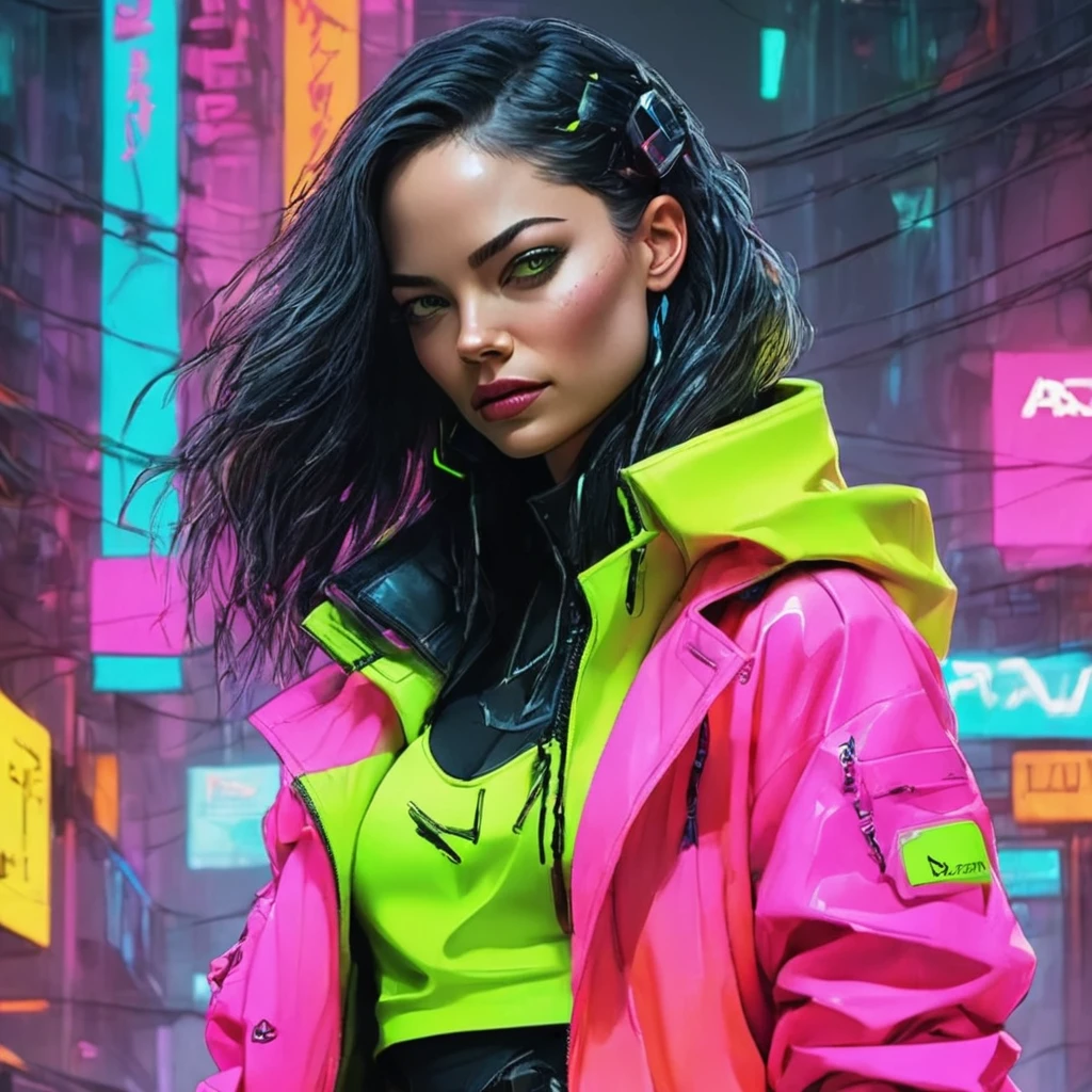 funny pose, hyper sharp, hyper detailed, A closeup of Kristin Kreuk in a neon suit, cyberpunk atmosphere, cyberpunk with neon lights, Bright cyberpunk light, crouched,Cyberpunk vibes, Cyberpunk lighting, cyberpunk style, neon cyberpunk style, In cyberpunk style, look cyberpunk, cyberpunk dreamy girl, cyberpunk photo, neon cyberpunk, cyberpunk aesthetic, cyberpunk streetwear, cyberpunk aesthetic, cyberpunk art style, Cyberpunk streetwear goalie,You know, perfect fingers,neon hair color, Detail texture, hair detail,Long neon black pants, beautiful face,by WAVY,Detailed neon black shoes..,