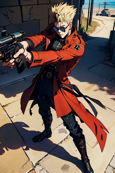 (masterpiece:1.4), (highest quality:1.4), (high resolution:1.4), anatomically perfect body, perfect handgun, (vash stampede), ye...