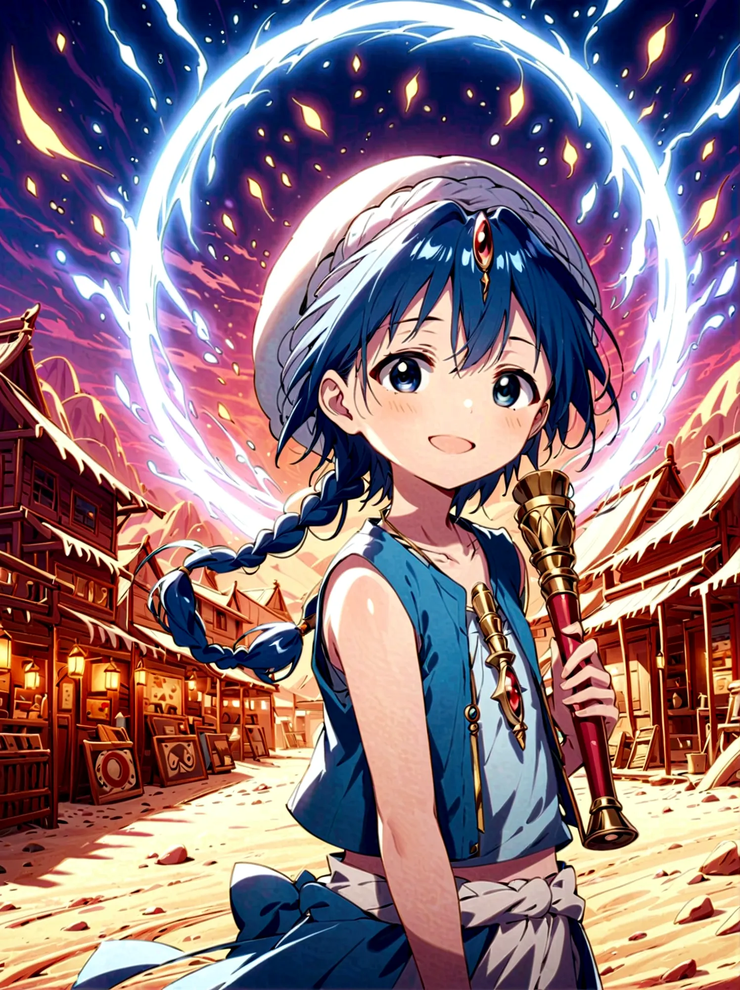 1boy，magi_aladdin，Standing alone in a desert town, He has short blue hair，With a braid，Wear a headscarf，Smiling，A flute pendant ...