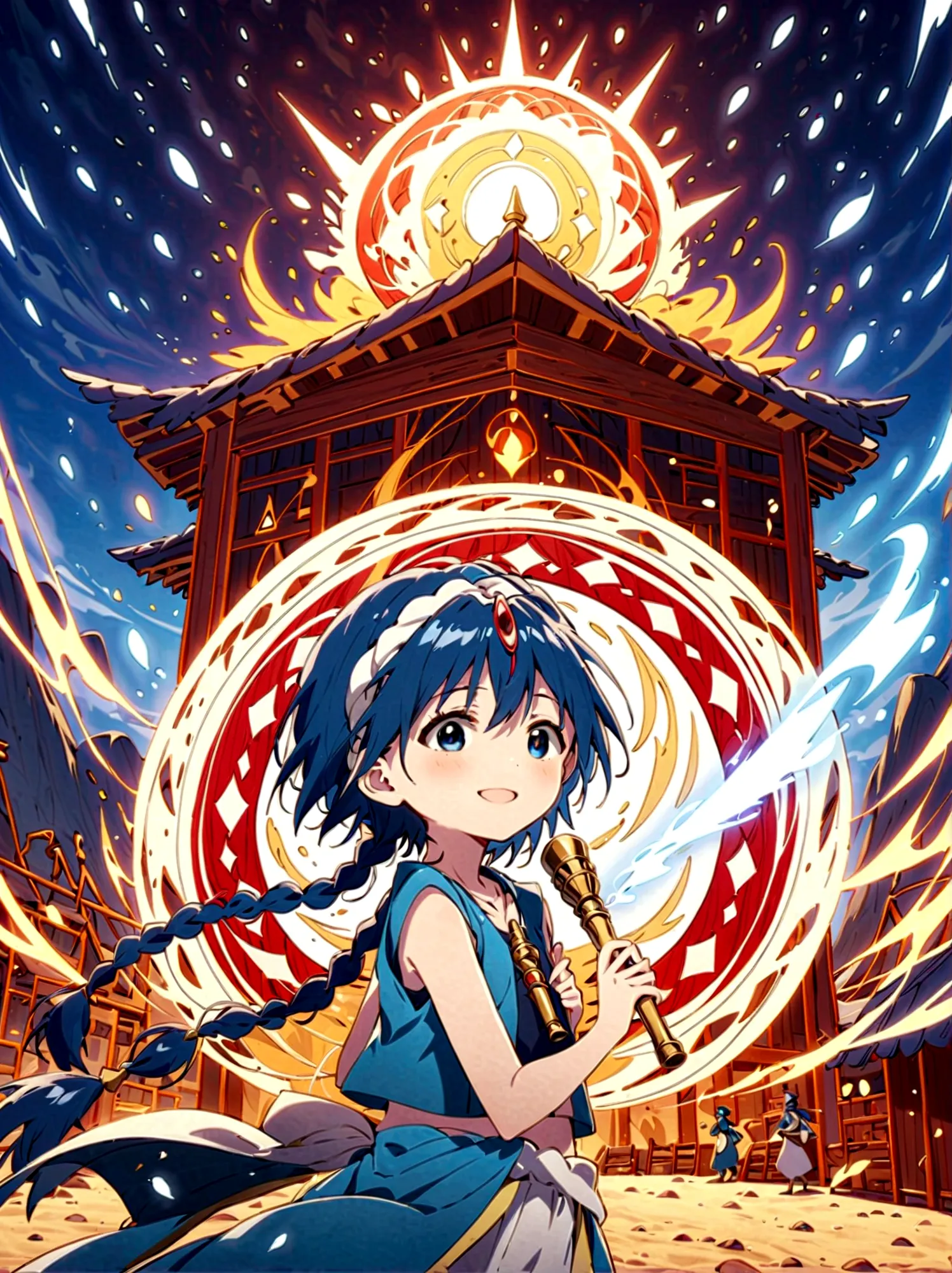 1boy，magi_aladdin，Standing alone in a desert town, He has short blue hair，With a braid，Wear a headscarf，Smiling，A flute pendant ...