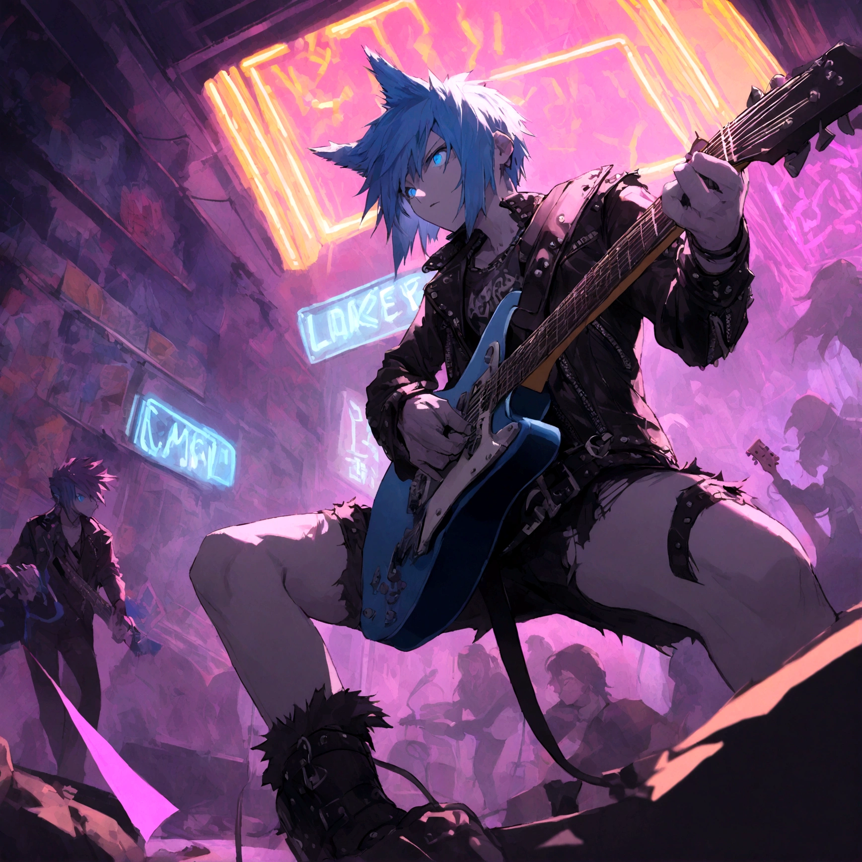 un hombre lobo blanco con ojos azules vestido con un traje punk tocando la guitarra principal en una banda, tiene mowhawk azul, tiene chaqueta de cuero con parches, usando botas rotas, triturando en la guitarra, muchas luces de neón multicolores