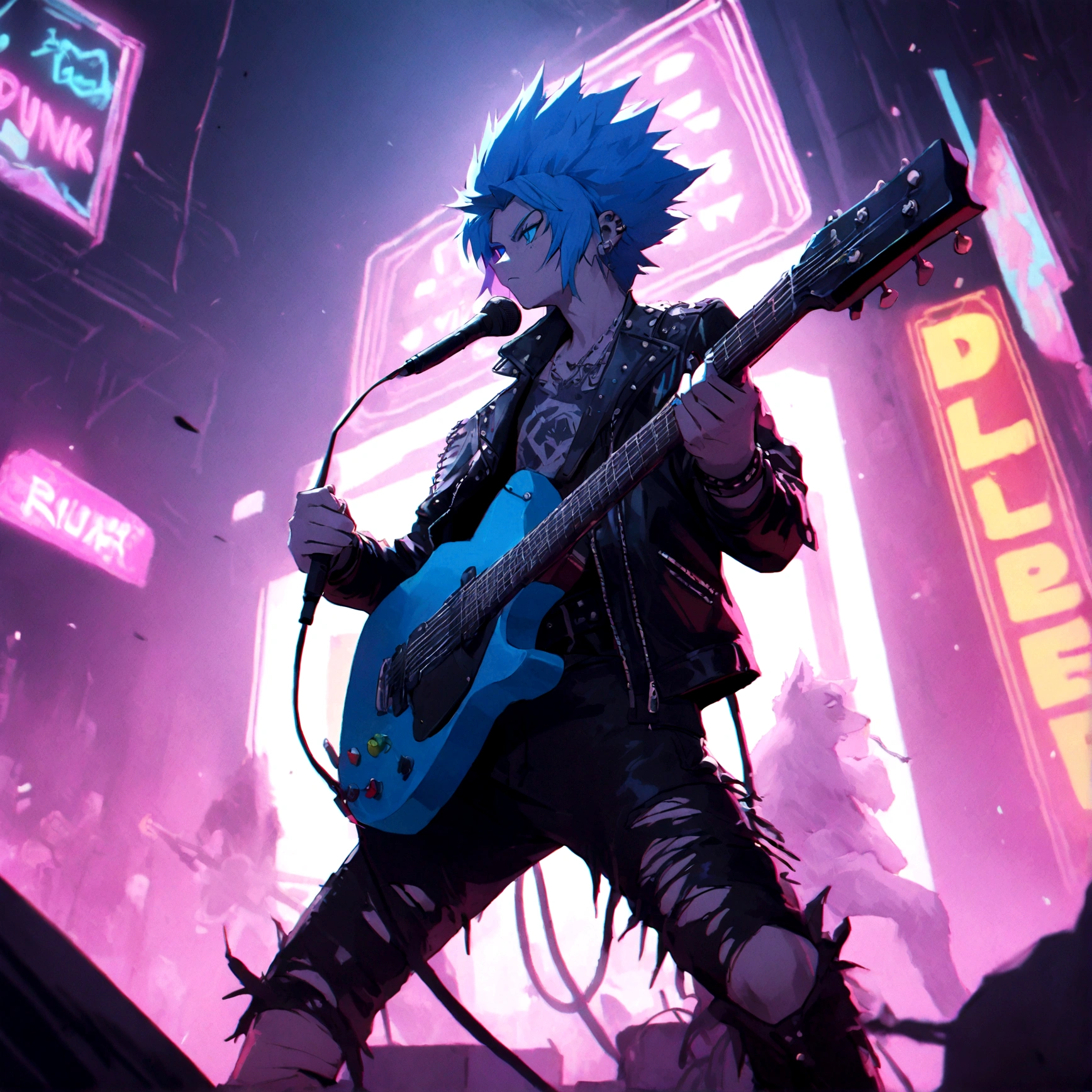 a white werewolf with blue eyes wearing a punk outfit playing the lead guitar in a band, has blue mowhawk, has leather patched jacket, wearing torn boots, shredding on guitar, many multi colored neon lights