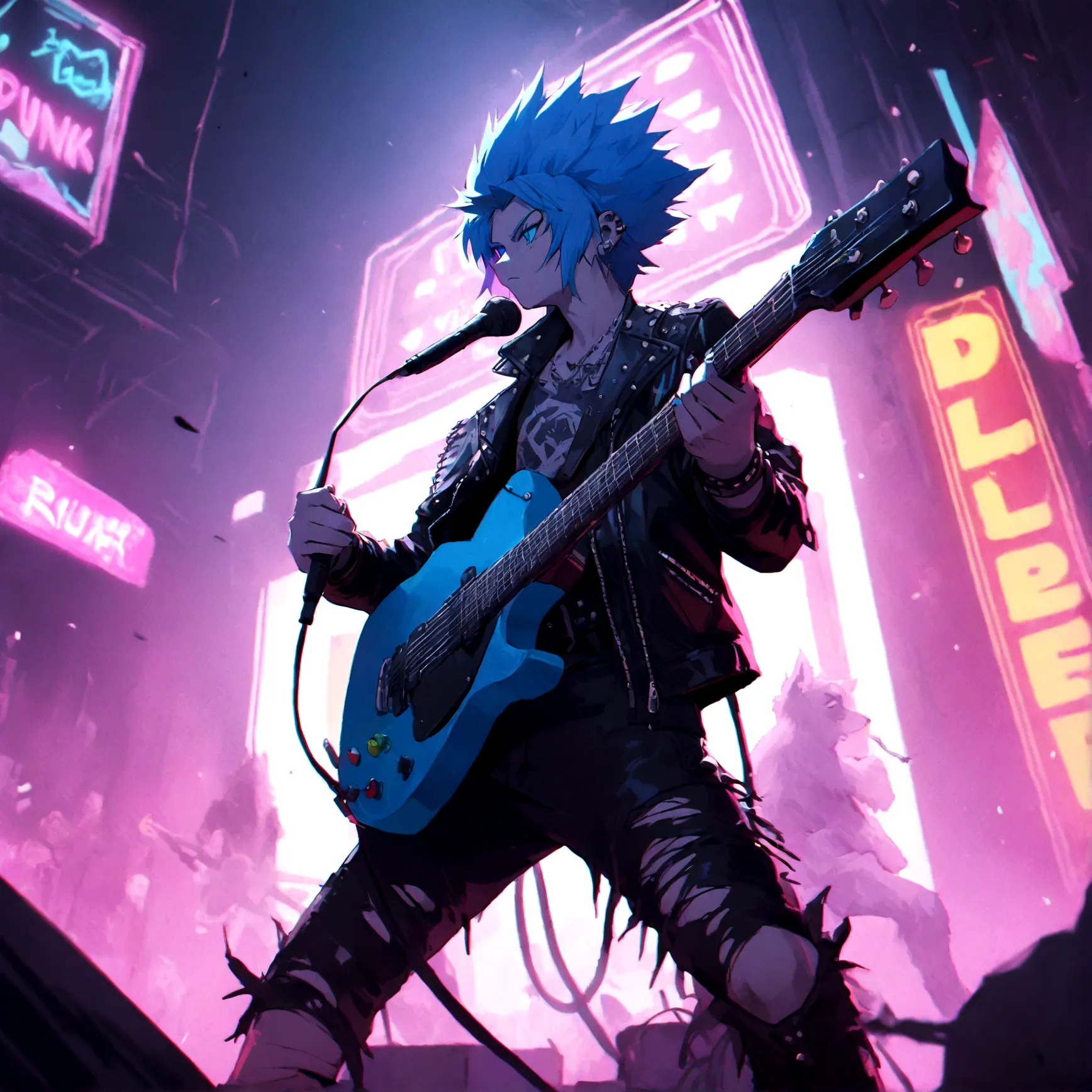 a white werewolf with blue eyes wearing a punk outfit playing the lead guitar in a band, has blue mowhawk, has leather patched j...