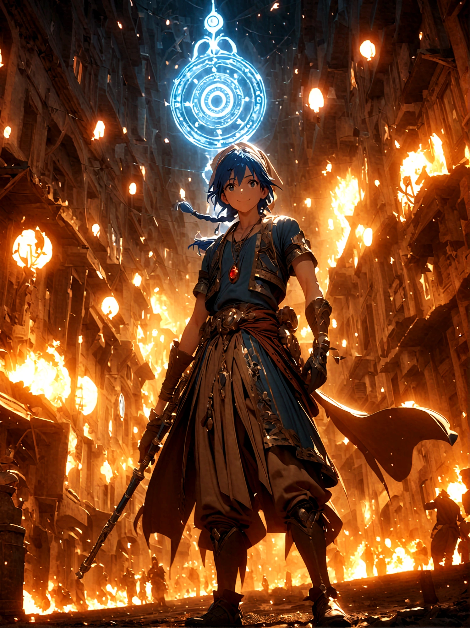 1boy，magi_aladdin，Standing alone in a desert town, He has short blue hair，With a braid，Wear a headscarf，Smiling，A flute pendant hangs around her neck，Wearing a blue vest, A magical explosion can be seen in the background，Super large magic circle，lightning，fighting，Mouth tightly shut，sneer，Soft lighting and detailed environments create an immersive environment，Let your imagination run wild with super details, Ultra-detailed face, High-quality visual effects, Sharp focus, Octane Rendering, 8k, Ultra HD