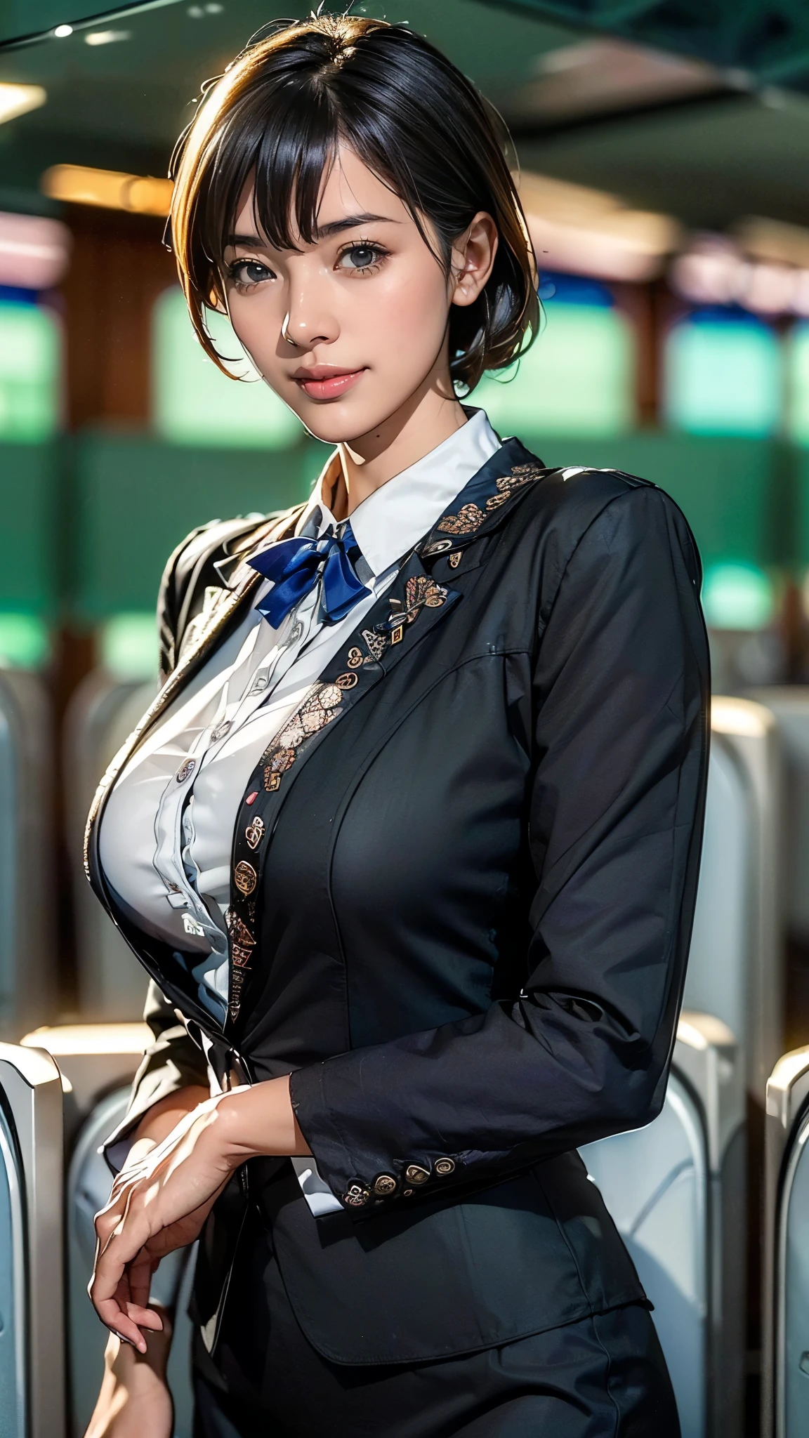 (One Woman),(Japanese),(Short Hair),(4),(whole body:1.5),(front:1.5),(cabincrew),(stewardess)(Are standing),(Fitted flight attendant uniforms:1.5),(smile:1.5),(Beautiful Eyes:1.3),(Very detailedな顔:1.5),((Very detailed drawing of a female hand:1.5)),((Beautiful Skin:1,5)),(Delicate skin depiction:1.5),(Functional:1.2),(Big Breasts:1.2),BREAK(In Airplane:1.5),(((Blur the background:1.5))),(Written boundary depth:1.5),BREAK(((masterpiece:1.5),(highest quality:1.5),(Very detailed:1.5),(High resolution:1.5),(Realistic:1.5),(Photorealistic:1.5))),8k,wallpaper