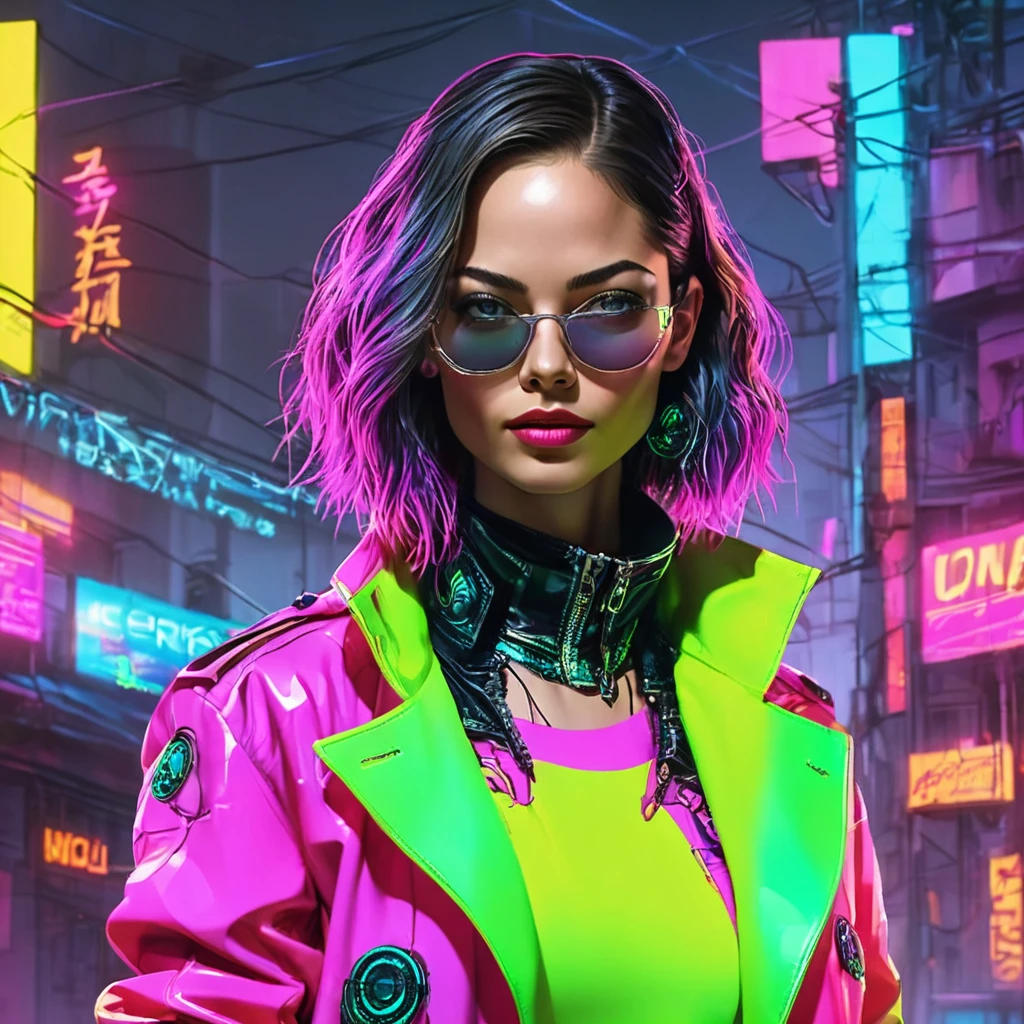 cuerpo entero, pose divertida, hiper nitido, hiper detallado, A closeup of Kristin Kreuk in a neon suit, Ambiente ciberpunk, cyberpunk with neon lights, Luz cyberpunk brillante, agachado,Vibraciones ciberpunk, Cyberpunk lighting, estilo ciberpunk, neon cyberpunk style, En el estilo cyberpunk, mira ciberpunk, cyberpunk dreamy girl, foto ciberpunk, neon cyberpunk, cyberpunk aesthetic, ropa de calle ciberpunk, cyberpunk aesthetic, estilo de arte ciberpunk, Portero del streetwear cyberpunk,sabes, dedos perfectos,neon hair color, Textura de detalle, detalle del cabello,Pantalon long noir fluo, hermoso rostro,por el WAVY,Detailed neon black shoes..,