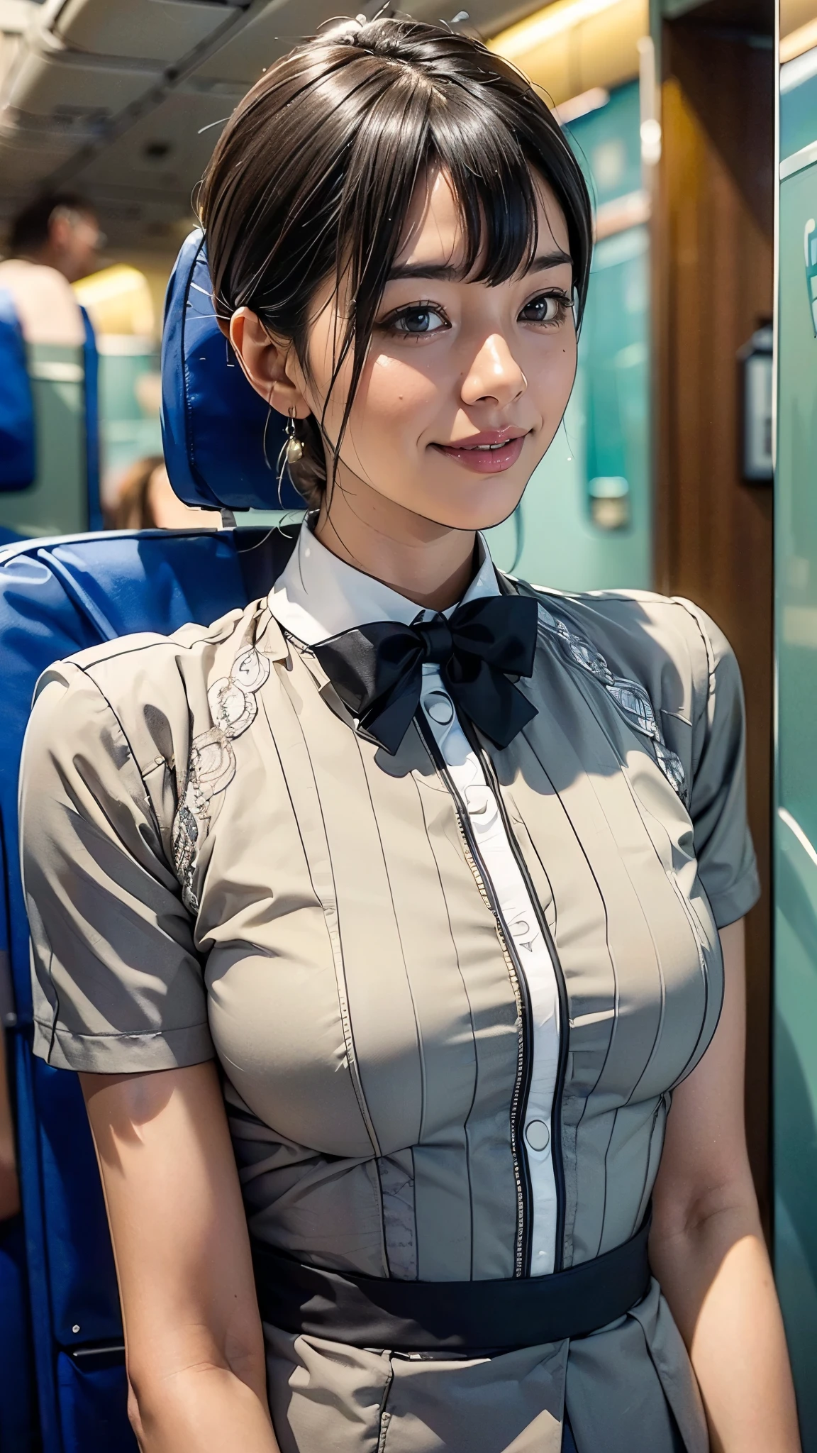 (One Woman),(Japanese),(Short Hair),(4),(whole body:1.5),(front:1.5),(cabincrew),(stewardess)(Are standing),(Fitted flight attendant uniforms:1.5),(smile:1.5),(Beautiful Eyes:1.3),(Very detailedな顔:1.5),((Very detailed drawing of a female hand:1.5)),((Beautiful Skin:1,5)),(Delicate skin depiction:1.5),(Functional:1.2),(Big Breasts:1.2),BREAK(In Airplane:1.5),(((Blur the background:1.5))),(Written boundary depth:1.5),BREAK(((masterpiece:1.5),(highest quality:1.5),(Very detailed:1.5),(High resolution:1.5),(Realistic:1.5),(Photorealistic:1.5))),8k,wallpaper