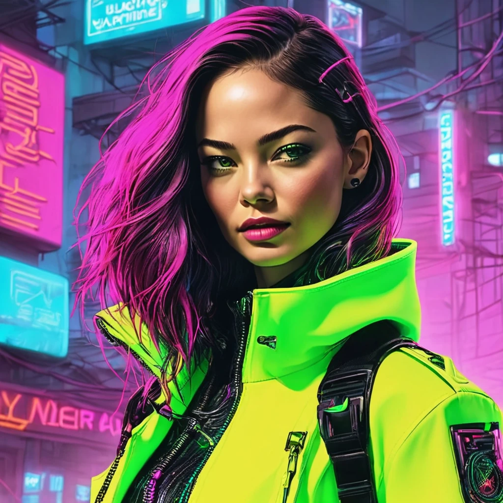 cuerpo entero, pose divertida, hiper nitido, hiper detallado, A closeup of Kristin Kreuk in a neon suit, Ambiente ciberpunk, cyberpunk with neon lights, Luz cyberpunk brillante, agachado,Vibraciones ciberpunk, Cyberpunk lighting, estilo ciberpunk, neon cyberpunk style, En el estilo cyberpunk, mira ciberpunk, cyberpunk dreamy girl, foto ciberpunk, neon cyberpunk, cyberpunk aesthetic, ropa de calle ciberpunk, cyberpunk aesthetic, estilo de arte ciberpunk, Portero del streetwear cyberpunk,sabes, dedos perfectos,neon hair color, Textura de detalle, detalle del cabello,Pantalon long noir fluo, hermoso rostro,por el WAVY,Detailed neon black shoes..,