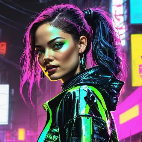 cuerpo entero, pose divertida, hiper nitido, hiper detallado, A closeup of Kristin Kreuk in a neon suit, Ambiente ciberpunk, cyb...