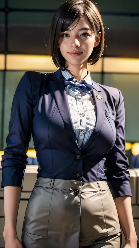 (One Woman),(Japanese),(Short Hair),(45 years old),(whole body:1.5),(front:1.5),((cabincrew)),(Are standing),(Fitted flight atte...