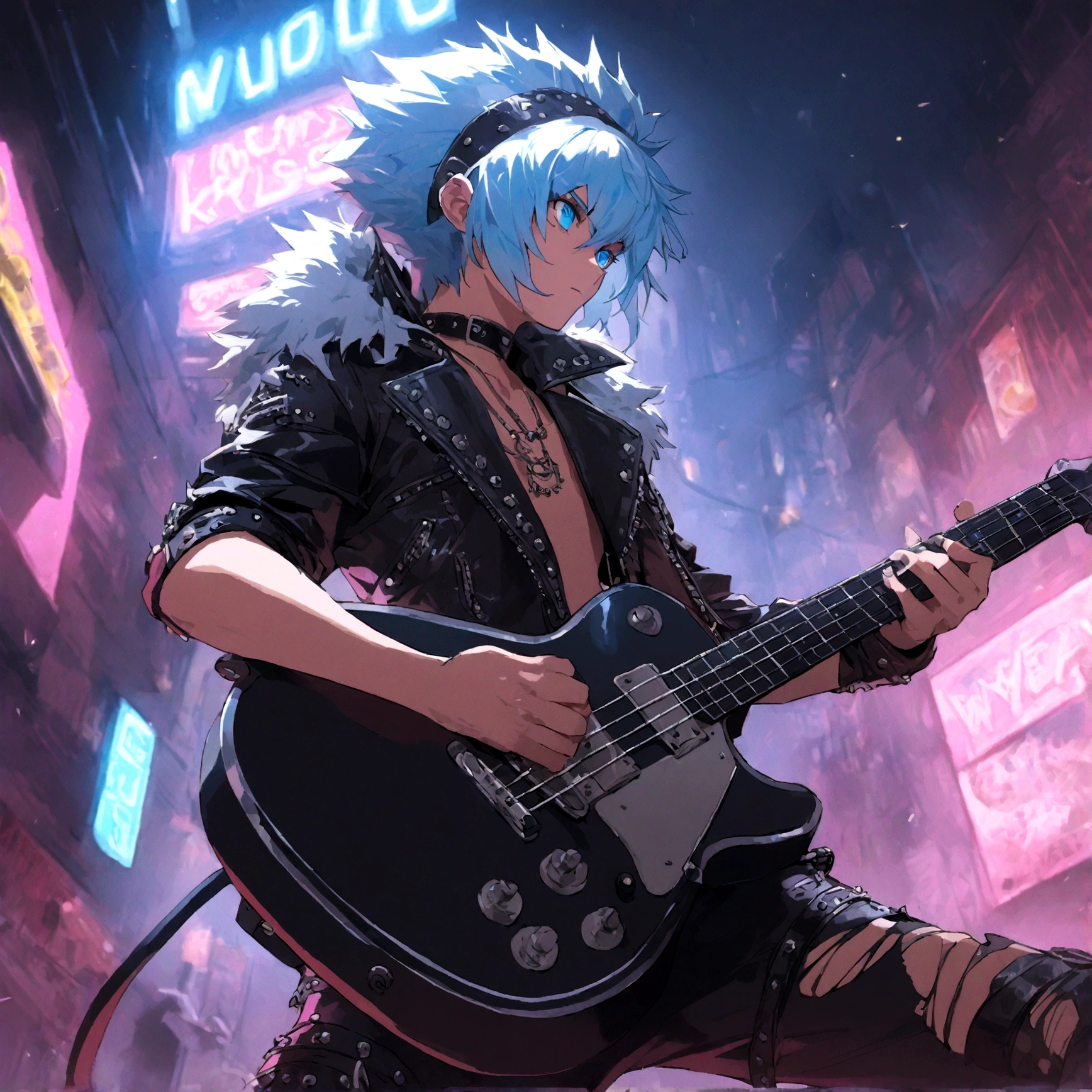 un lobo blanco con ojos azules vestido con un traje punk tocando la guitarra solista en una banda, tiene mowhawk azul, tiene chaqueta de cuero con parches, usando botas rotas, triturando en la guitarra, muchas luces de neón multicolores