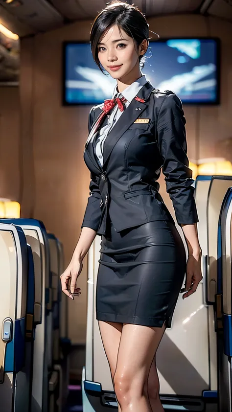 (One Woman),(Japanese),(Short Hair),(45 years old),(whole body:1.5),(front:1.5),(cabincrew),(stewardess),(Are standing),(Fitted ...