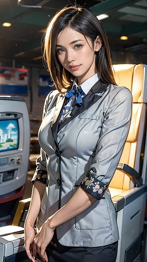 (One Woman),(whole body:1.5),(front:1.5),((cabincrew)),(Are standing),(Fitted flight attendant uniforms:1.5),(smile:1.5),(Beauti...