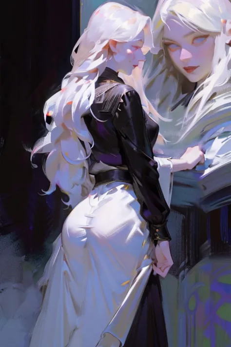 (cute ass),(back view),((ultra realistic illustration:1.3)), (black clothing), Cute 18 yo (albino:1.4)woman of Slavic descent.(s...