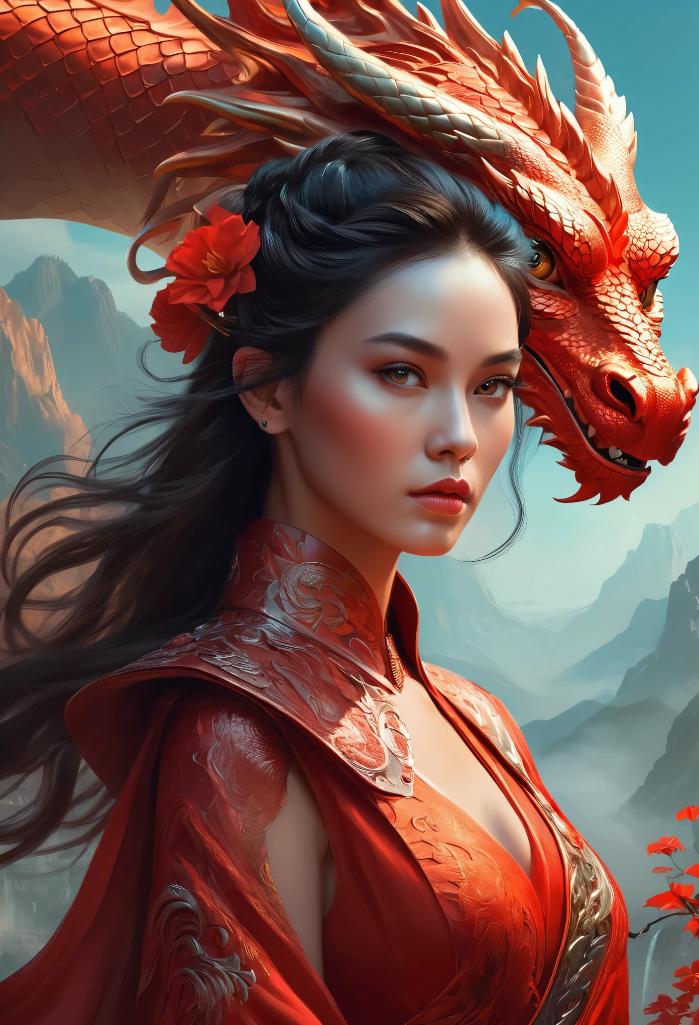 masterpiece,professional artwork,famous artwork,cinematic lighting,cinematic bloom,perfect face,beautiful face,beautiful eyes,fantasy,dreamlike,unreal,science fiction,a woman in a red dress with a dragon on her arm, dragon girl, trending on cgstation, the dragon girl portrait, beautiful digital artwork, stunning digital illustration, chinese dragon concept art, alice x. zhang, by Ryan Yee, by Oliver Sin, loong, cgsociety and fenghua zhong, chinese fantasy, rossdraws, panoramic view, Ultra high saturation,