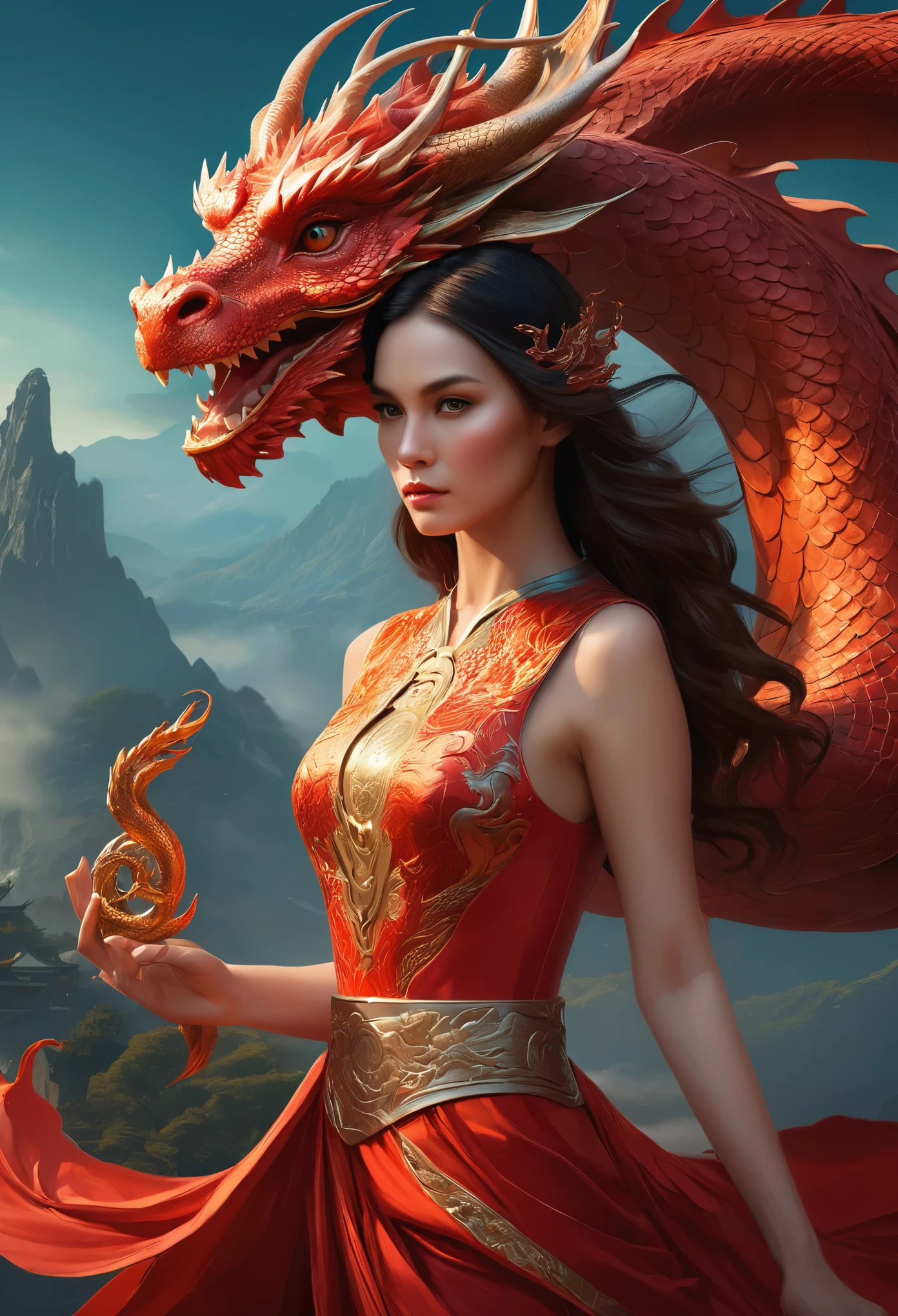 masterpiece,professional artwork,famous artwork,cinematic lighting,cinematic bloom,perfect face,beautiful face,beautiful eyes,fantasy,dreamlike,unreal,science fiction,a woman in a red dress with a dragon on her arm, dragon girl, trending on cgstation, the dragon girl portrait, beautiful digital artwork, stunning digital illustration, chinese dragon concept art, alice x. zhang, by Ryan Yee, by Oliver Sin, loong, cgsociety and fenghua zhong, chinese fantasy, rossdraws, panoramic view, Ultra high saturation,