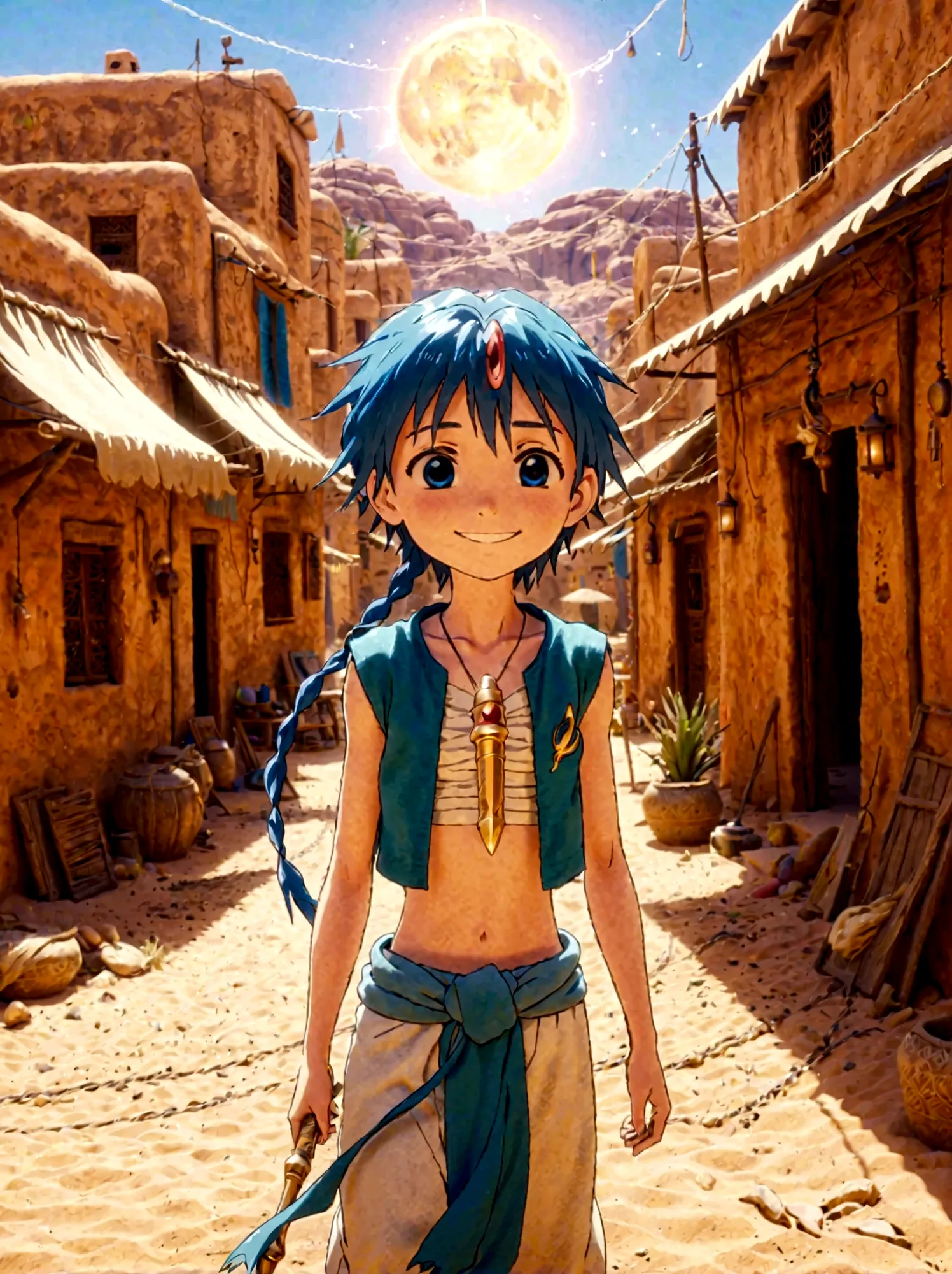 1boy，magi_aladdin，Standing alone in a desert town, He has short blue hair，With a braid，Wear a headscarf，Smiling，A flute pendant ...