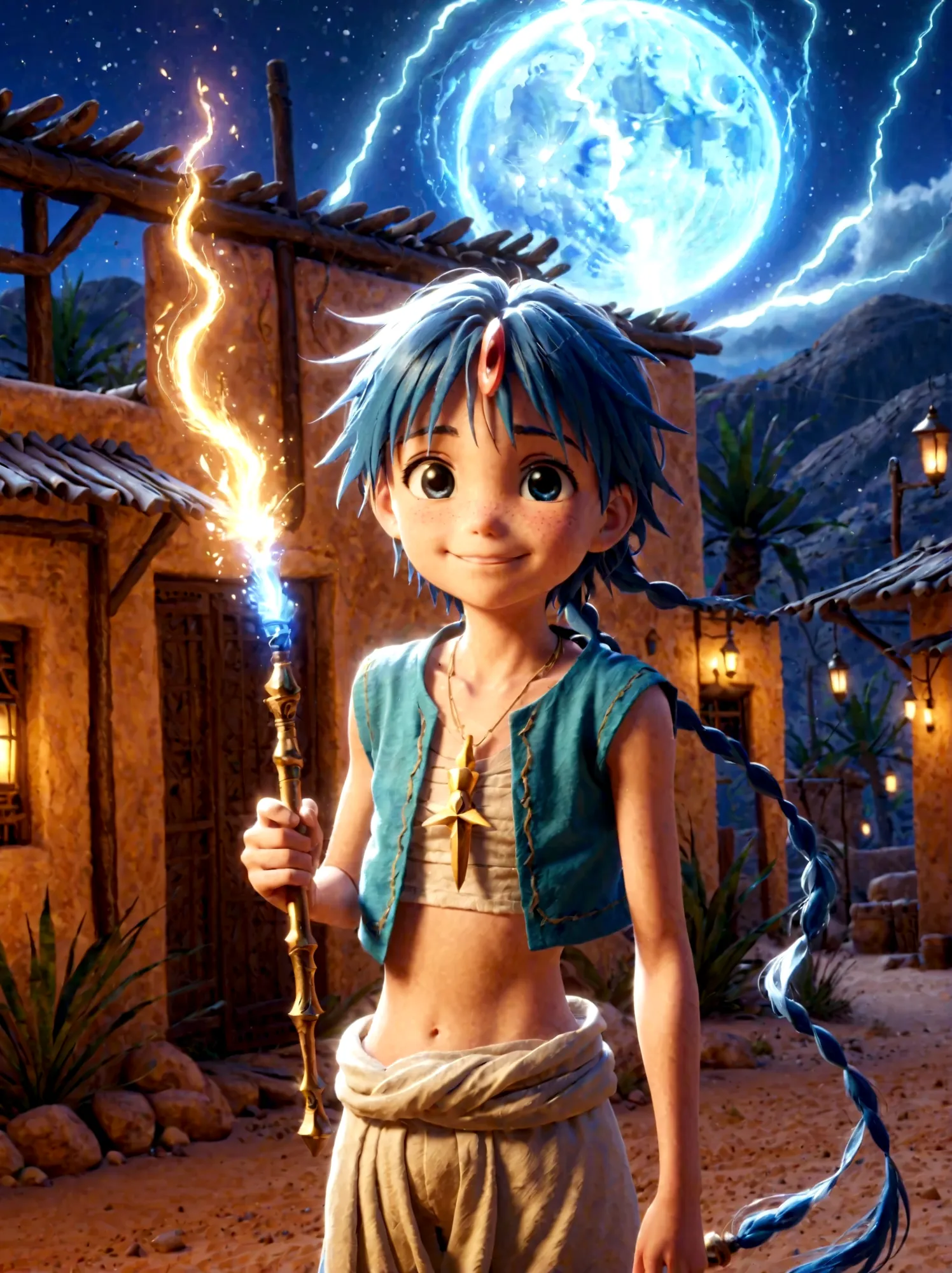 1boy，magi_aladdin，Standing alone in a desert town, He has short blue hair，With a braid，Wear a headscarf，Smiling，A flute pendant ...