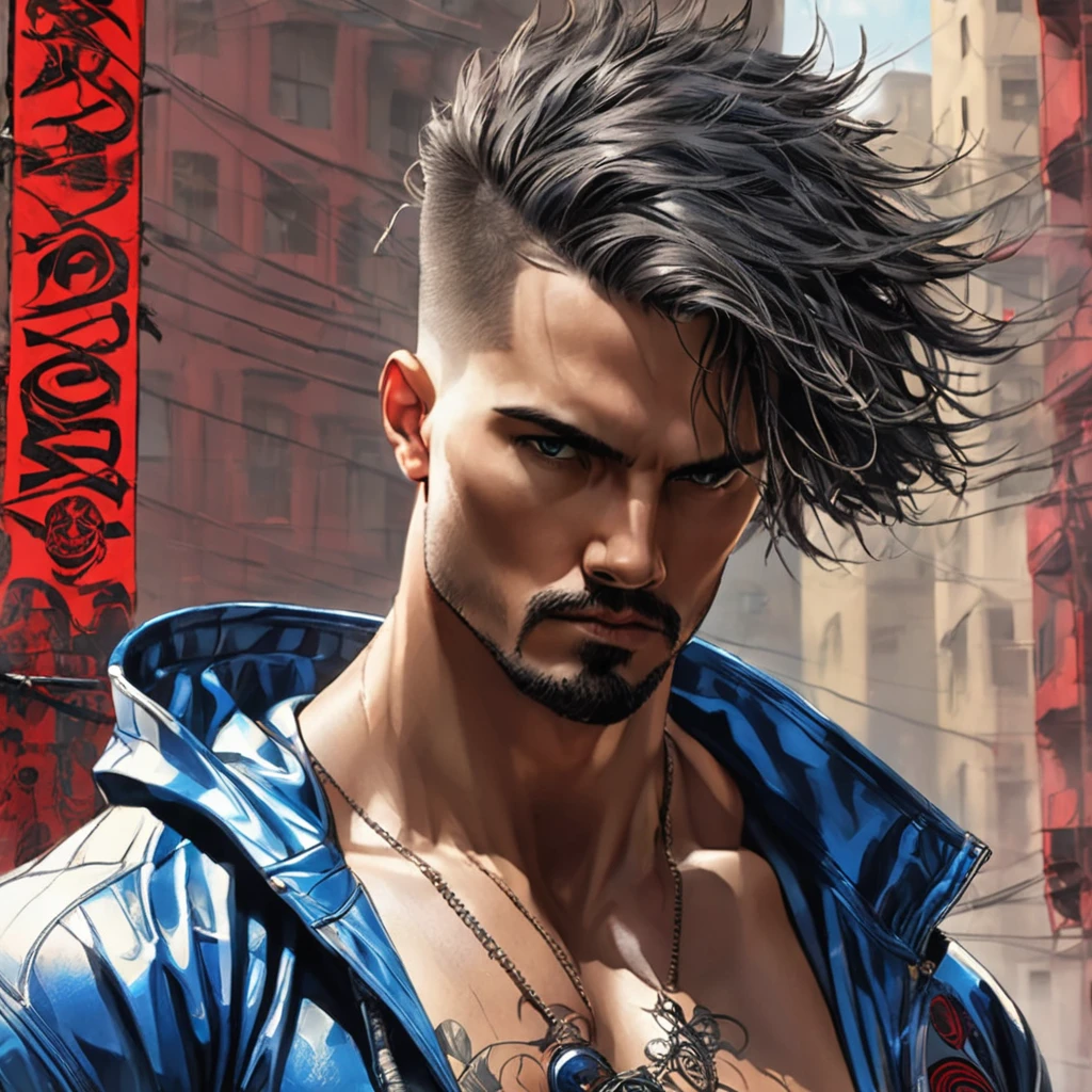 CG K ultrarrealista ,((de primera calidad、8K、32K、Obra maestra、nffsw:1.3)), (superfine illustration)、(super high resolution), (((cuerpo adulto))), (((1 chico en))), ((( pelo corto moderno))), 25 year old cyberpunk gladiator with perfect body, Hombreras con espinas de metal., Gladiadores in Brooklyn, (( bob de pelo corto )), Camiseta del equipo de rugby rota, Casi desnudo al estilo urbano salvaje de Simon Bisley, pelo rubio corto, ropa minima, Metallic protection on the left arm with complex graphics...., Rojo oscuro con estrellas blancas y rayas azules y blancas.,(( dynamic action pose:1.5)), armadura, Lleno de puntas y remaches., Tatuaje de veneno (((Imagen desde la rodilla hacia arriba))), pelo rubio blanco corto, En el fondo、 There is a wall with an intricate design painted by Shepard Fairey....