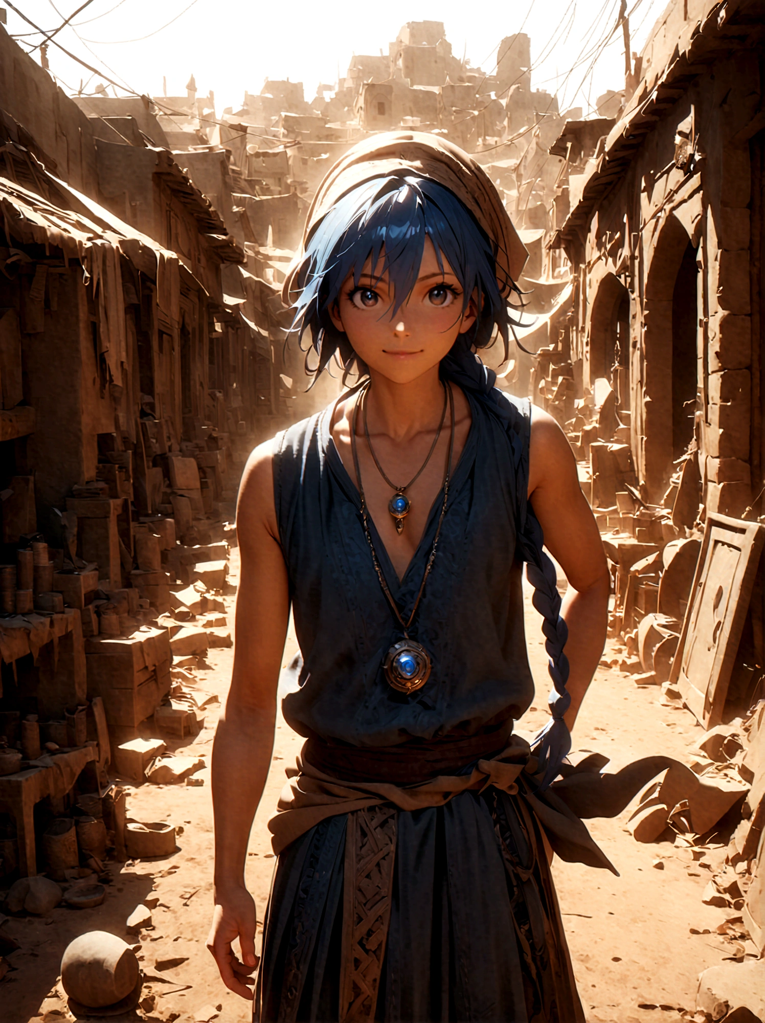 1boy，magi_aladdin，Standing alone in a desert town, He has short blue hair，With a braid，Wear a headscarf，Smiling，A flute pendant hangs around her neck，Wearing a blue vest, A magical explosion can be seen in the background，Super large magic circle，lightning，fighting，Mouth tightly shut，sneer，Soft lighting and detailed environments create an immersive environment，Let your imagination run wild with super details, Ultra-detailed face, High-quality visual effects, Sharp focus, Octane Rendering, 8k, Ultra HD