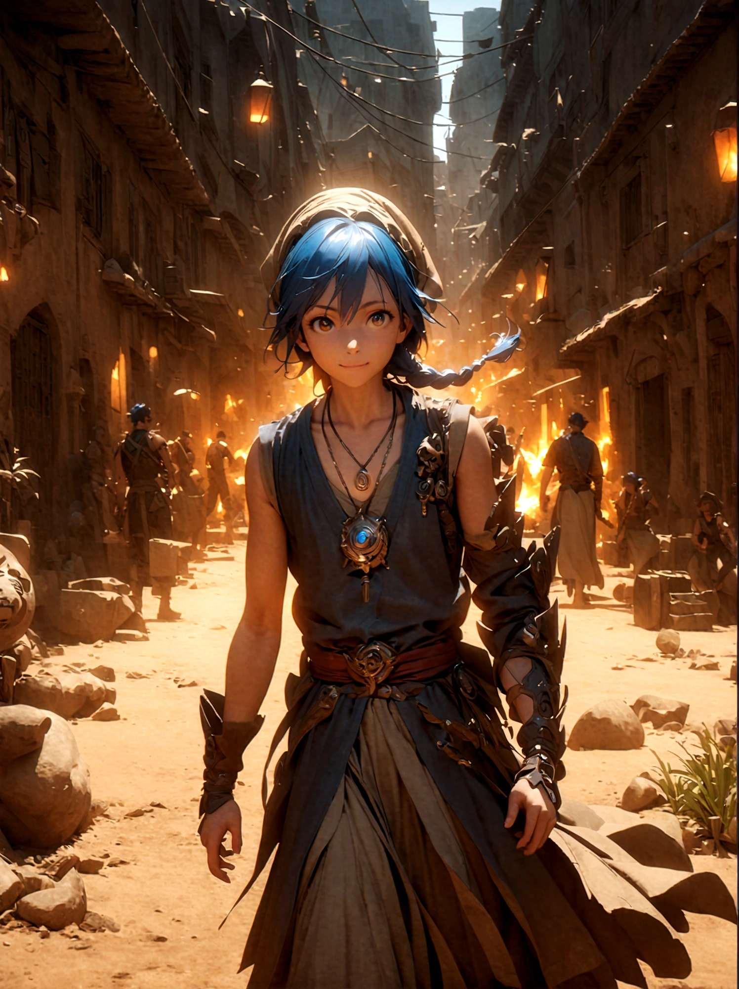 1boy，magi_aladdin，Standing alone in a desert town, He has short blue hair，With a braid，Wear a headscarf，Smiling，A flute pendant hangs around her neck，Wearing a blue vest, A magical explosion can be seen in the background，Super large magic circle，lightning，fighting，Mouth tightly shut，sneer，Soft lighting and detailed environments create an immersive environment，Let your imagination run wild with super details, Ultra-detailed face, High-quality visual effects, Sharp focus, Octane Rendering, 8k, Ultra HD