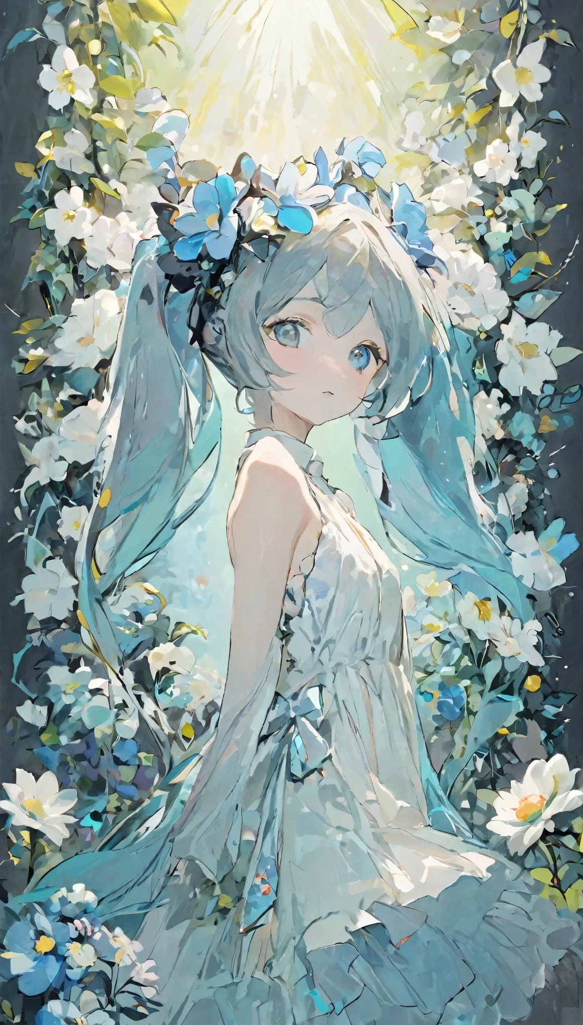 Mujer hermosa、Hatsune Miku、arreglo floral、arte wabi sabi、かわいいrostro、Muy detallado_rostro_ojo、Muy detalladoなrostro、vestido blanco、negro、gris、tono de color azul claro、pergamino、抽象的arreglo floral、Tres flores grandes、arte surrealista、silencio、fondo de pantalla、de la máxima calidad、obra maestra、Alta resolución、８ｋ