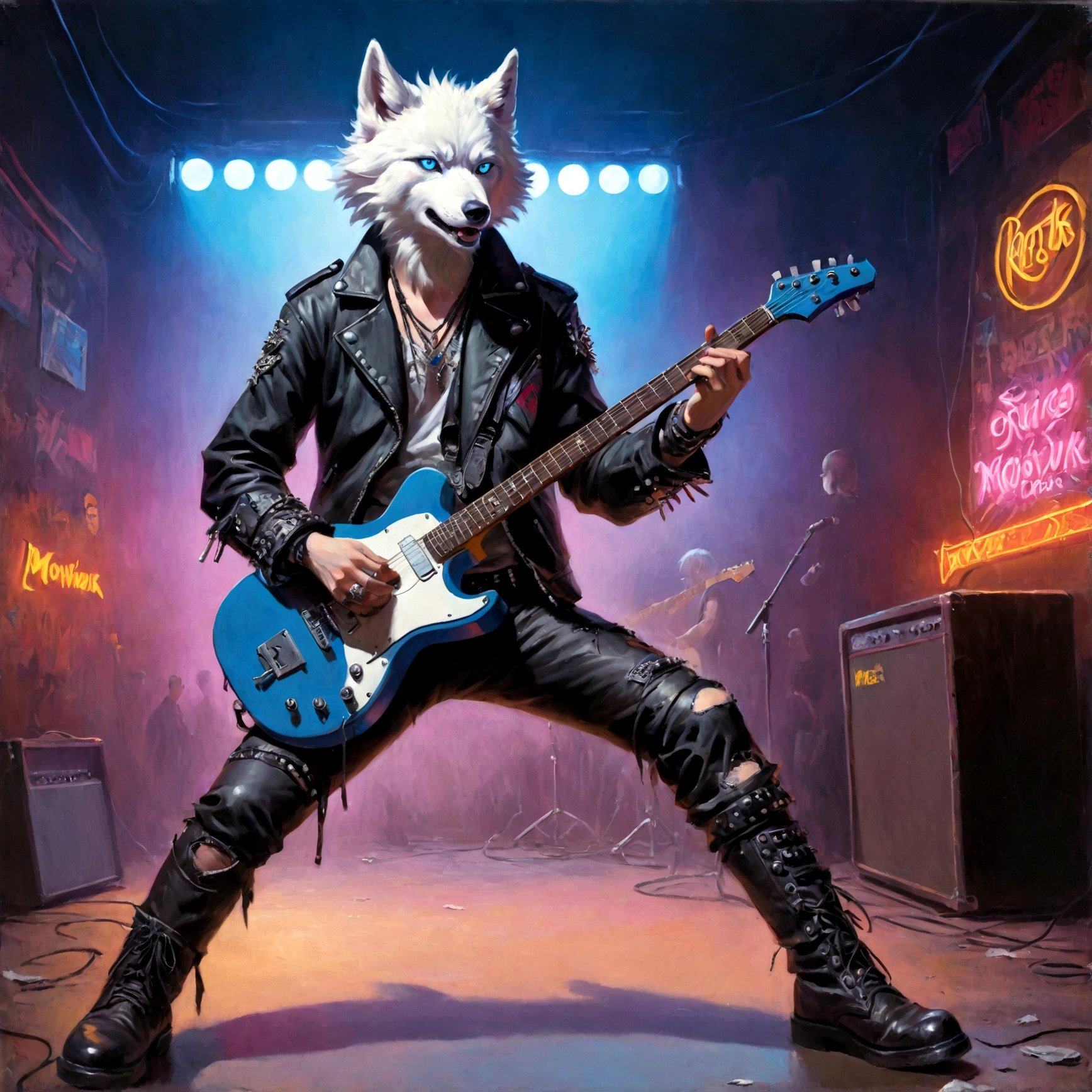 un lobo blanco con ojos azules vestido con un traje punk tocando la guitarra solista en una banda, tiene mowhawk azul, tiene chaqueta de cuero con parches, usando botas rotas, triturando en la guitarra, muchas luces de neón multicolores
