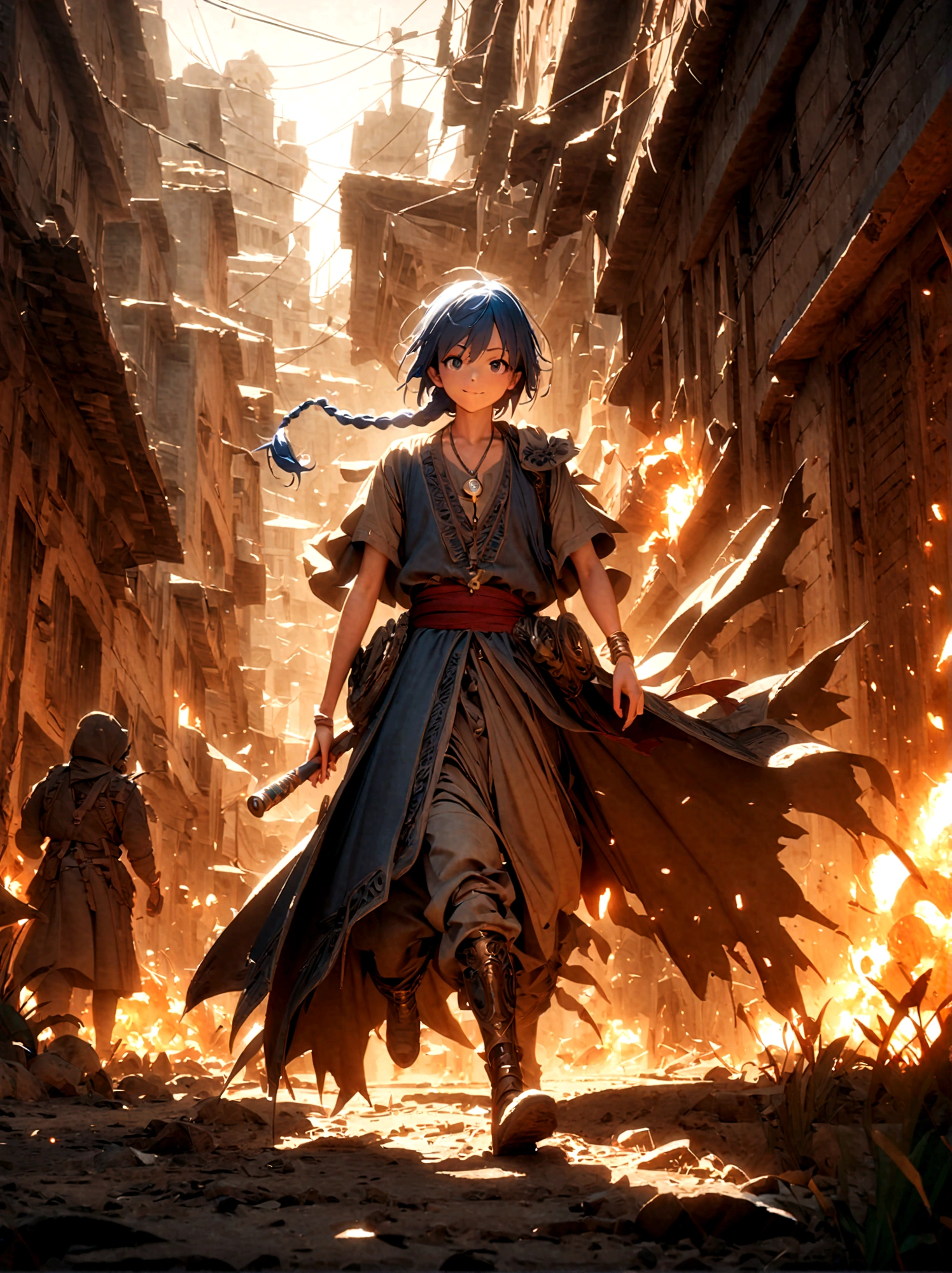 1boy，magi_aladdin，Standing alone in a desert town, He has short blue hair，With a braid，Wear a headscarf，Smiling，A flute pendant hangs around her neck，Wearing a blue vest, A magical explosion can be seen in the background，Super large magic circle，lightning，fighting，Mouth tightly shut，sneer，Soft lighting and detailed environments create an immersive environment，Let your imagination run wild with super details, Ultra-detailed face, High-quality visual effects, Sharp focus, Octane Rendering, 8k, Ultra HD