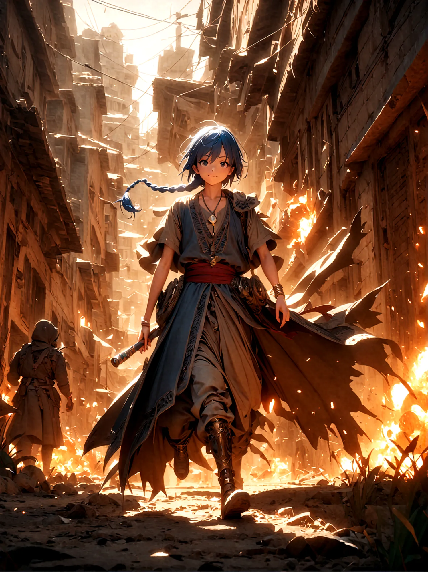 1boy，magi_aladdin，Standing alone in a desert town, He has short blue hair，With a braid，Wear a headscarf，Smiling，A flute pendant ...