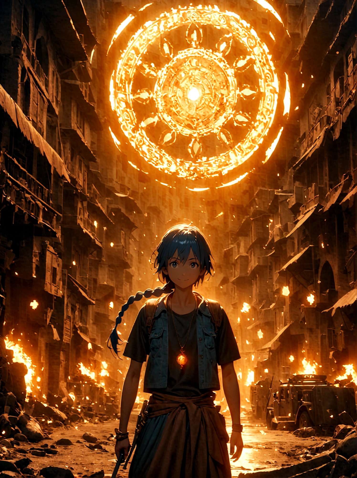 1boy，magi_aladdin，Standing alone in a desert town, He has short blue hair，With a braid，Wear a headscarf，Smiling，A flute pendant hangs around her neck，Wearing a blue vest, A magical explosion can be seen in the background，Super large magic circle，lightning，fighting，Mouth tightly shut，sneer，Soft lighting and detailed environments create an immersive environment，Let your imagination run wild with super details, Ultra-detailed face, High-quality visual effects, Sharp focus, Octane Rendering, 8k, Ultra HD