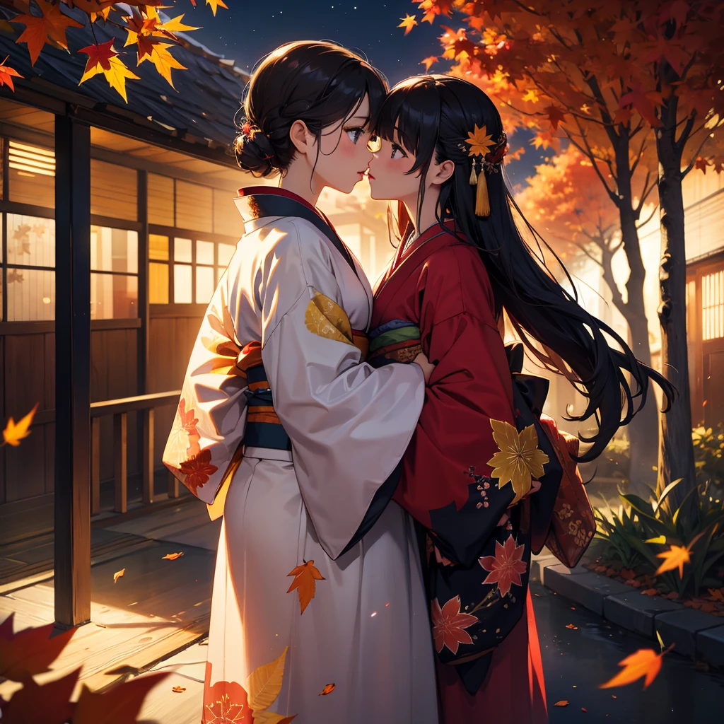 movie lighting、best quality、2 girls、Girl kissing、Wearing a Kimono、night、autumn leaves、