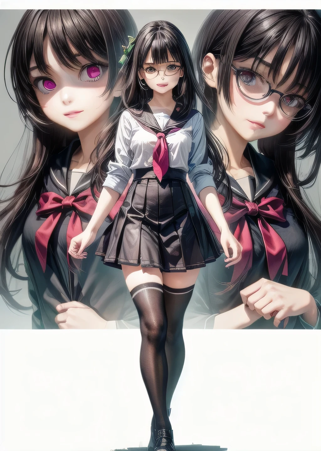  (highest quality:1.4), (High resolution:1.2), Sharp contours, Long Hair, highest quality, masterpiece,Glasses,Voice of the Heart,yandere,Full Body Shot,20-year-old woman,yandere,Big Breasts,Ecstasy,saliva,blush,Squint your eyes,Heterochromia iridis,Tuck up your clothes,zettai ryouiki