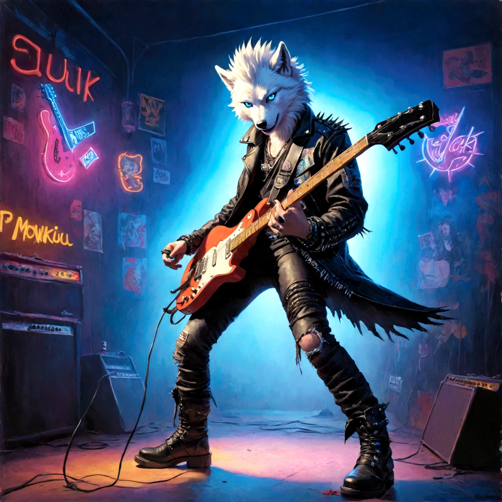 ein weißer Wolf mit blauen Augen, der ein Punk-Outfit trägt und in einer Band Leadgitarre spielt, has blue mowhawk, hat eine geflickte Lederjacke, zerrissene Stiefel tragen, auf der Gitarre shredden, viele bunte Neonlichter