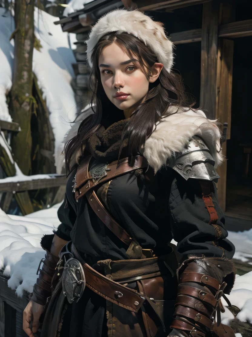 ((masterpiece、highest quality、Very detailed、High resolution、Sharp focus))、The most beautiful dungeons&Dragons artwork、Fantasy Female Dwarf、Short and chubby、Pointed Ears、Red round nose、Winter coat with leather belt around the waist、Leather pouch、White fur hat、Bust Shot、Focus from the chest up、background: Midday Sun、Winter forest、Snow covered ground、wood、oil painting